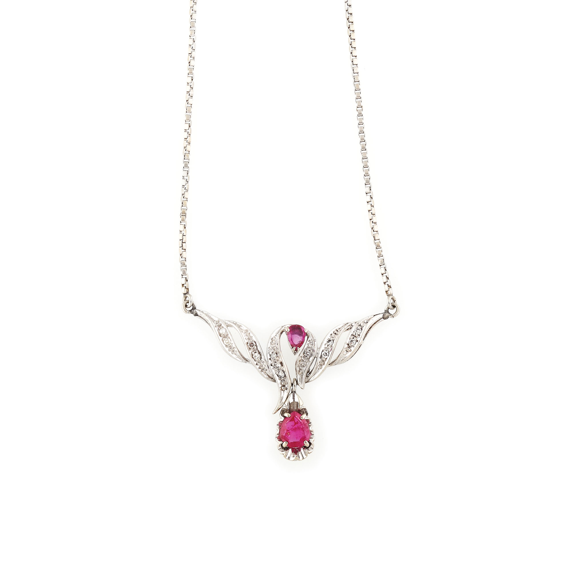 White gold necklace, decorated with rubies and diamonds
