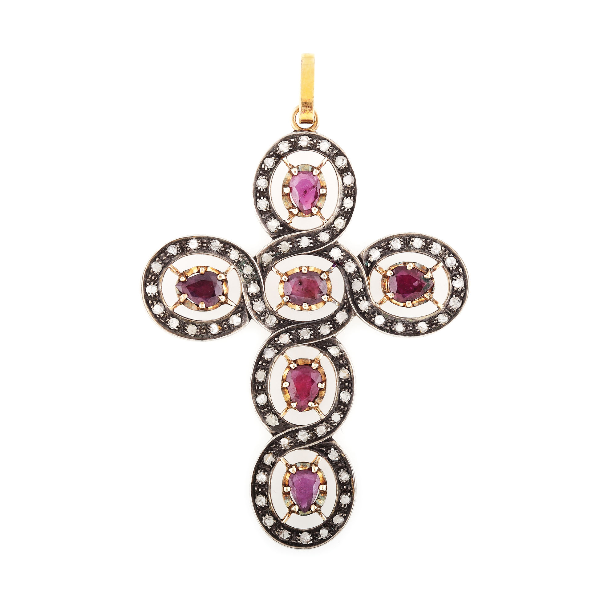 Stylised gold and silver cross pendant, ornate with rubies and diamonds