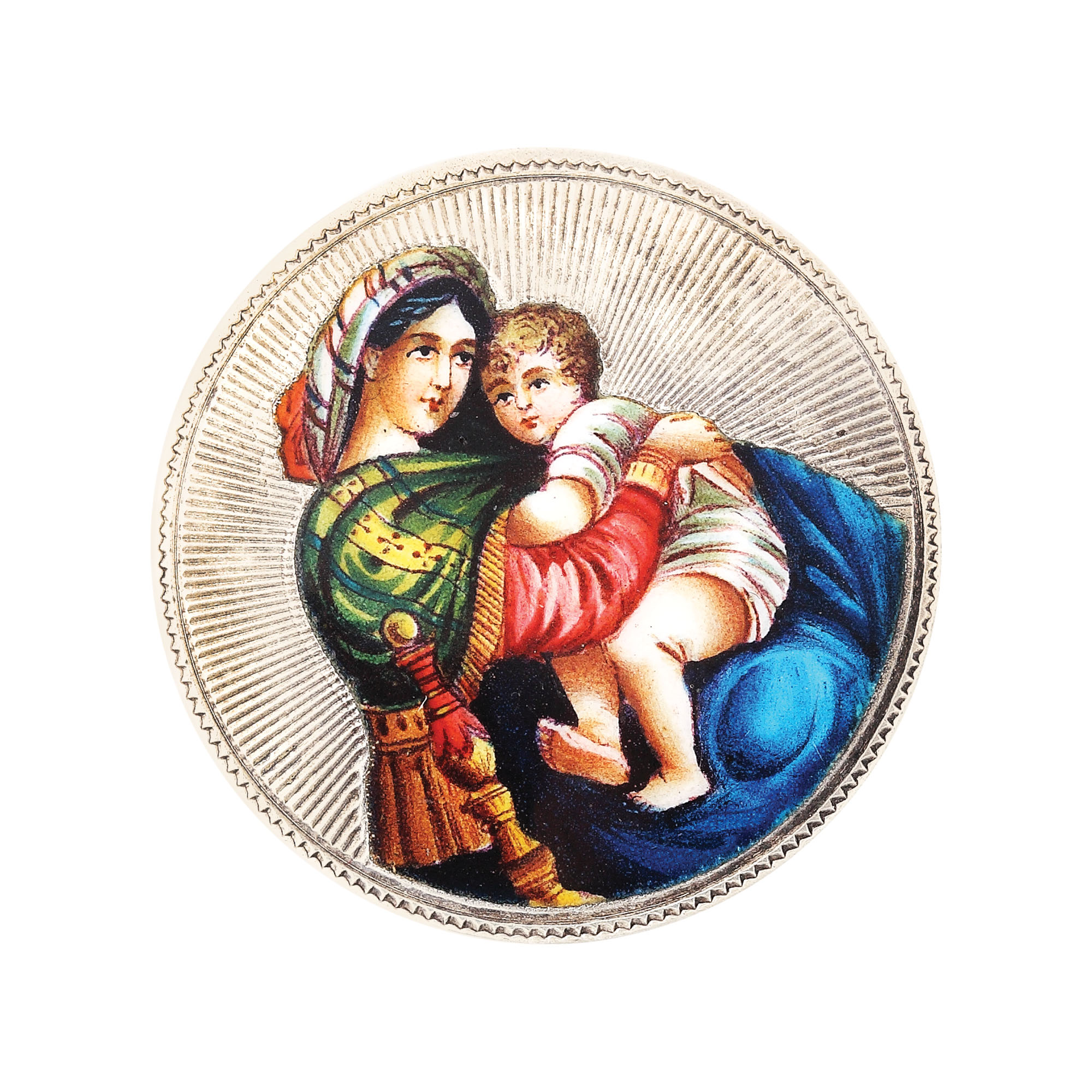“Madonna and Child” silver brooch, painted with enamel, attributed to Meyle & Mayer, ca. 1900