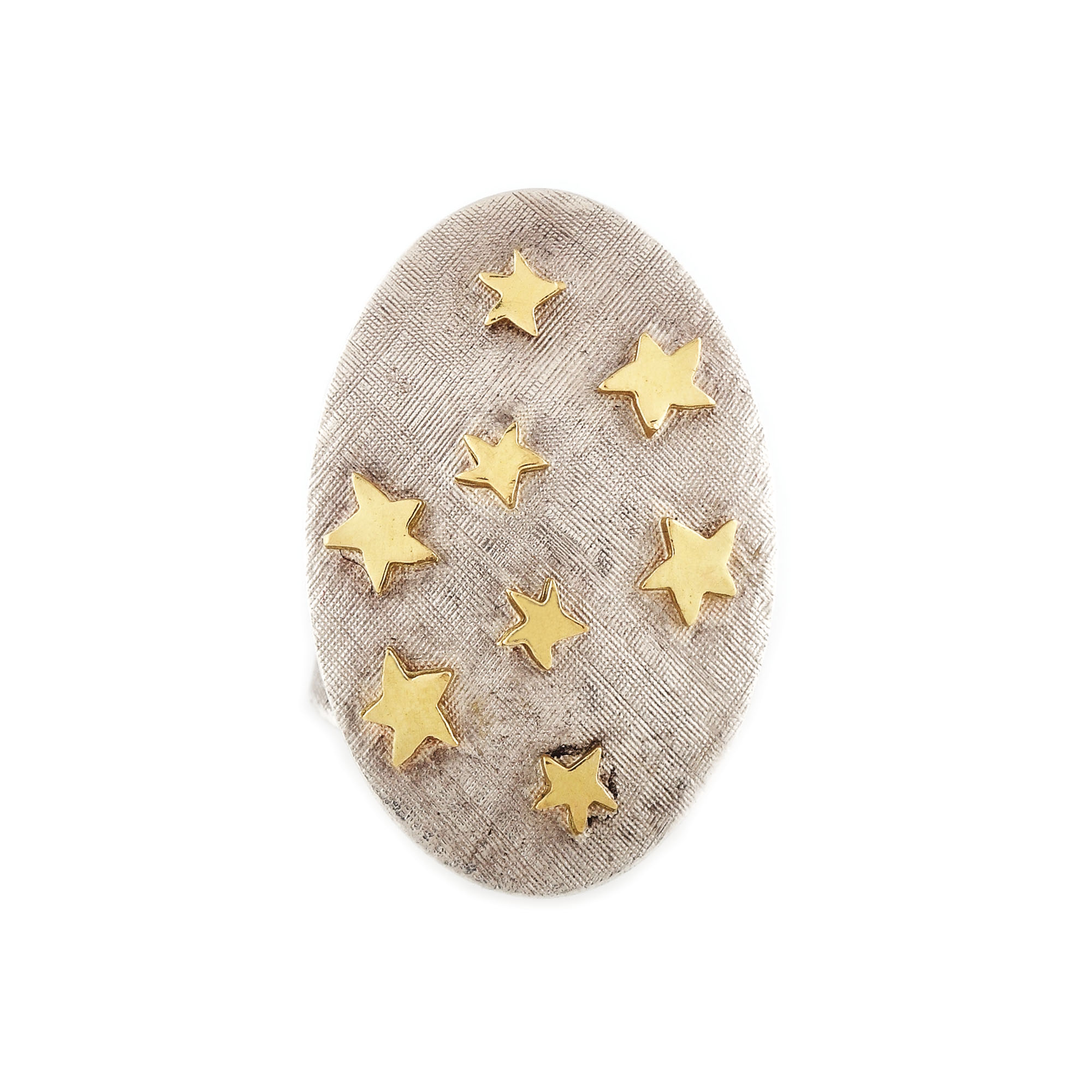 Silver ring, ornate with gold stars