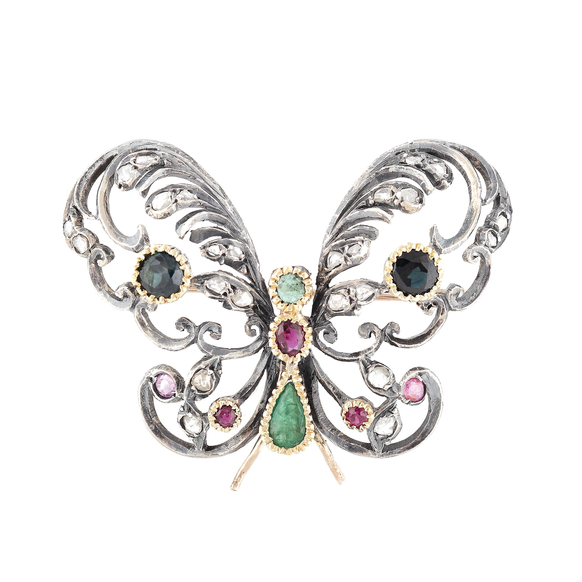 Butterfly gold and silver brooch, decorated with emeralds, sapphires, rubies and diamonds