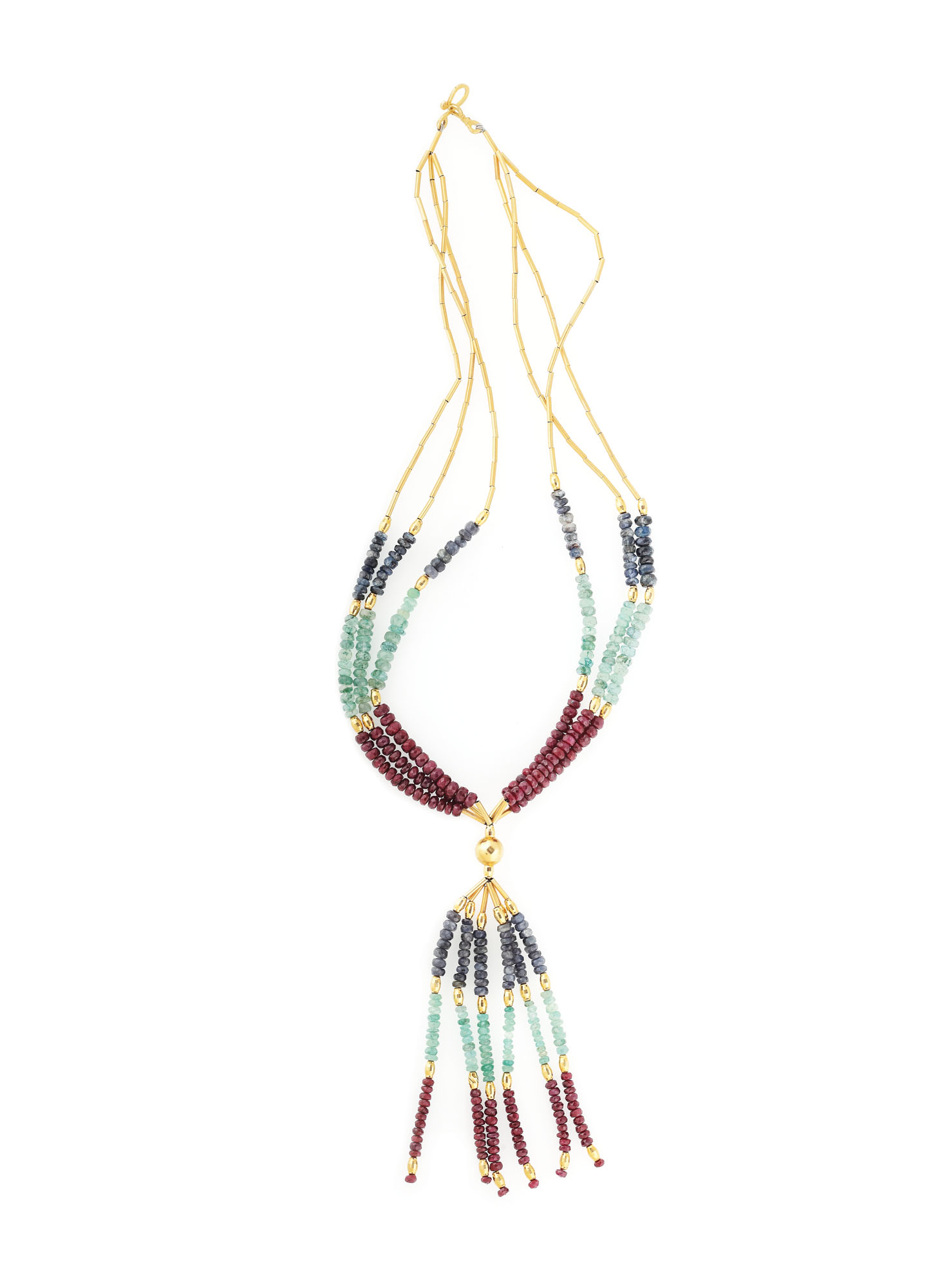 Beautiful gold necklace, decorated with sapphire, ruby and emerald beads