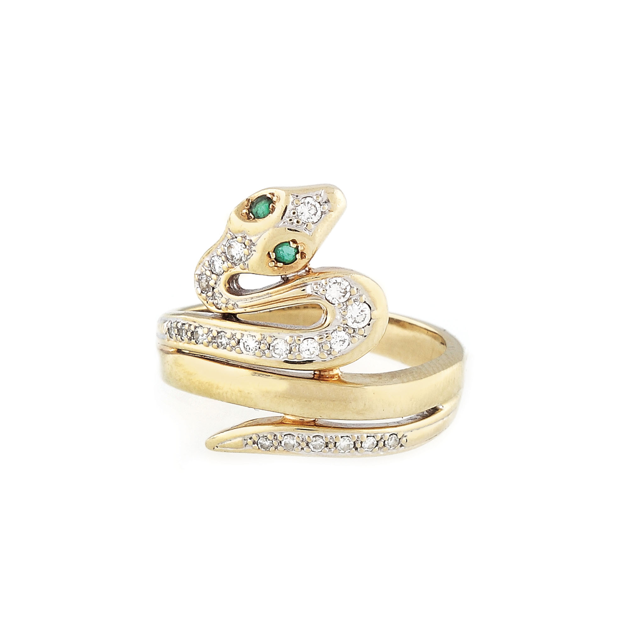Interesting serpent-shaped gold ring, decorated with diamonds and 2 emeralds