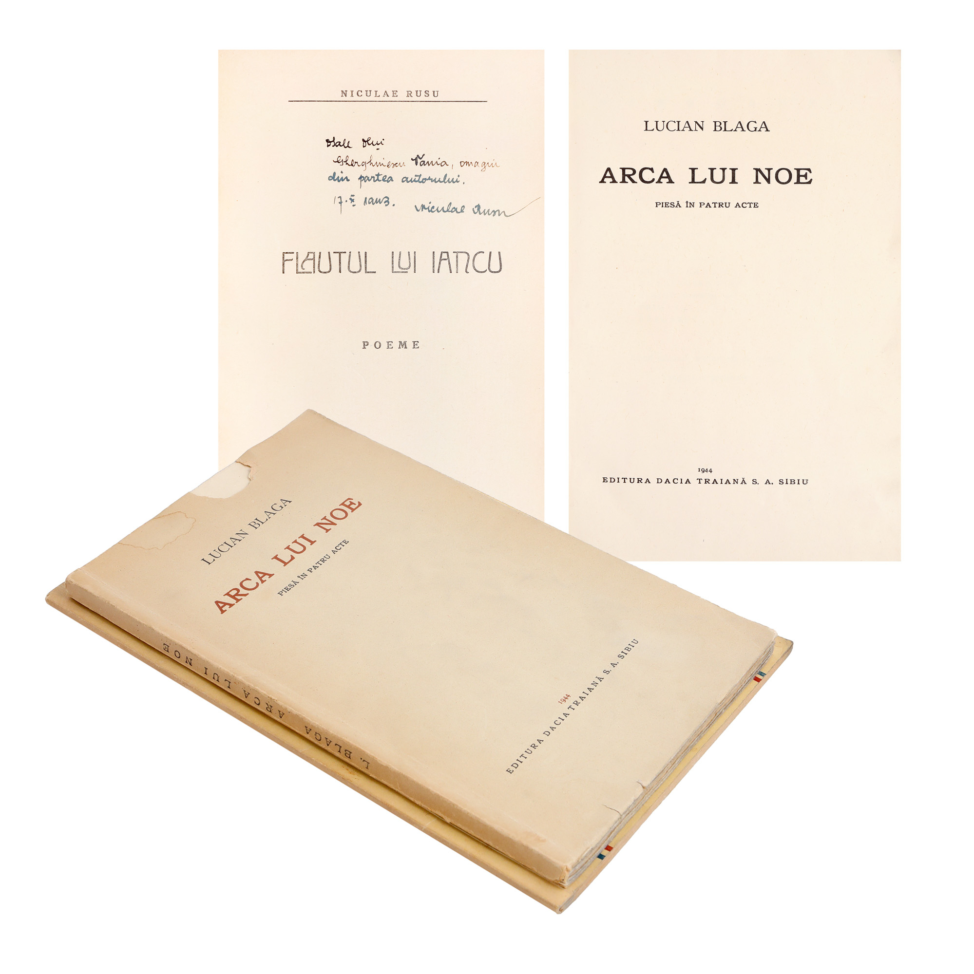 Lot ”Arca lui Noe”, de Lucian Blaga, ediție princeps, Sibiu, 1944, cu dedicația și semnătura olografă a autorului, și ”Flautul lui Avram Iancu”, de Niculae Rusu, București, cu dedicația autorului și ex-libris, provin din colecția scriitorului Vania Gherghinescu