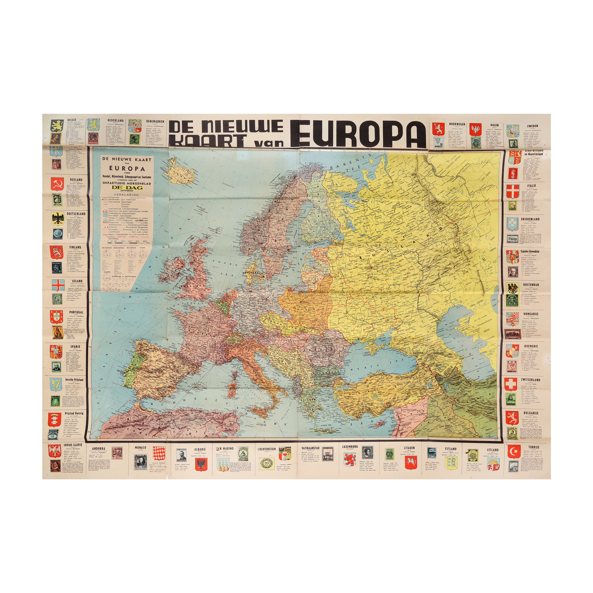"New Map of Europe", including Greater Romania, with state coats of arms and philatelic examples of countries, cca. 1935
