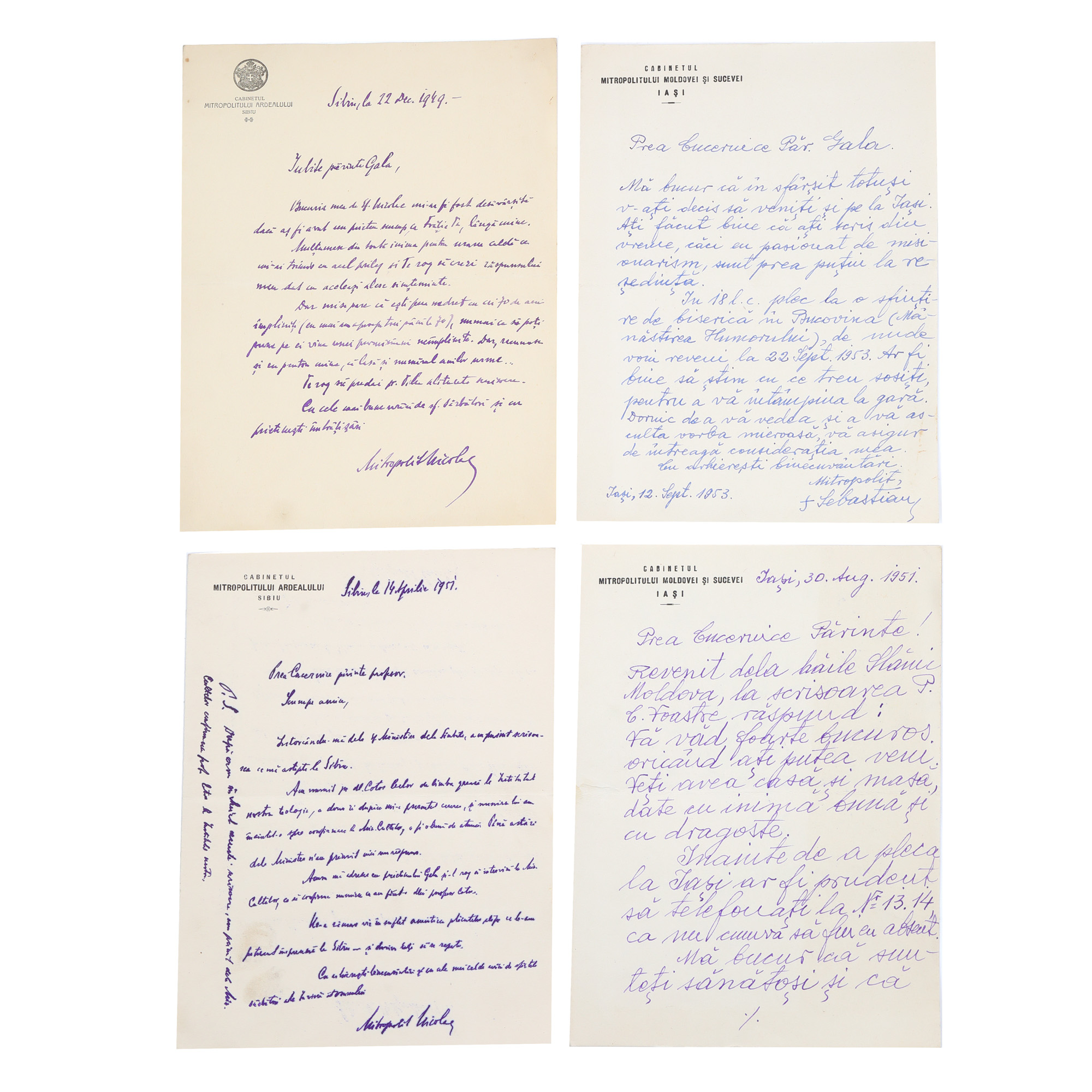 Lot consisting of four letters sent to Father Gala Galaction by the Metropolitan of Moldova and Suceava and by the Metropolitan of Transylvania, 1949-1953, originate from the historical collection of Serban Tuculescu-Maria Galaction.