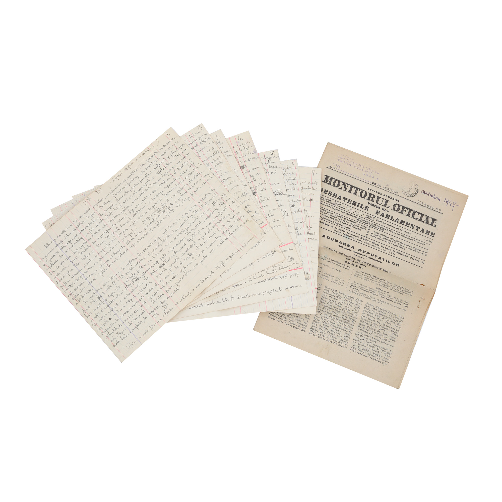 Lot format din manuscrisul primului discurs în Parlament susținut de Gala Galaction, alături de un exemplar din Monitorul Oficial cu discursul publicat, din 16 decembrie 1946, provin din colecția istorică Șerban Țuculescu-Maria Galaction