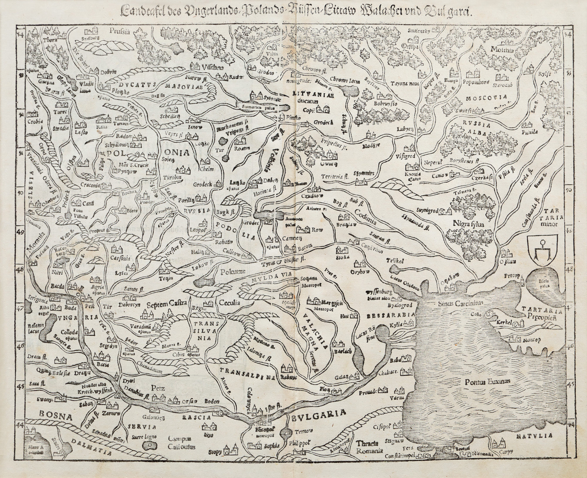 Hartă ”Europa de Est” (include Principatele Române), de Sebastian Münster, Basel, 1574