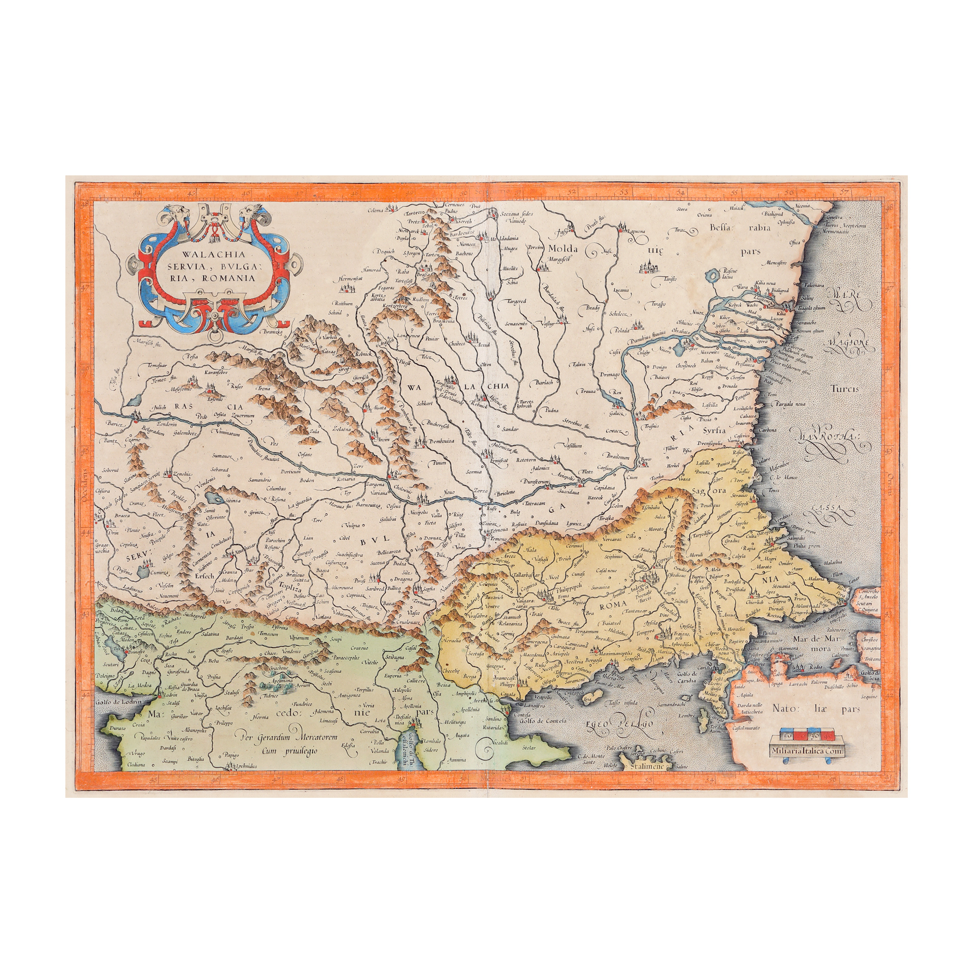 Hartă ”Valahia, Serbia, Bulgaria, Rumelia”, de Gerard Mercator, Amsterdam, cca. 1619
