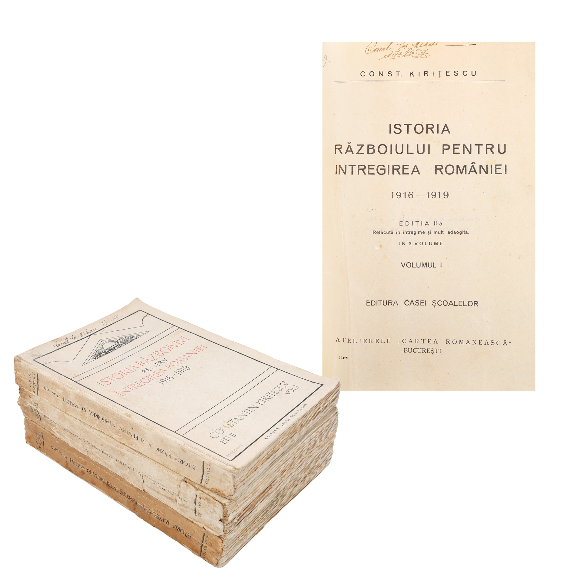 "History of the War for the Unification of Romania", by Constantin Kirițescu, three volumes, Bucharest, 1925, with ex-libris