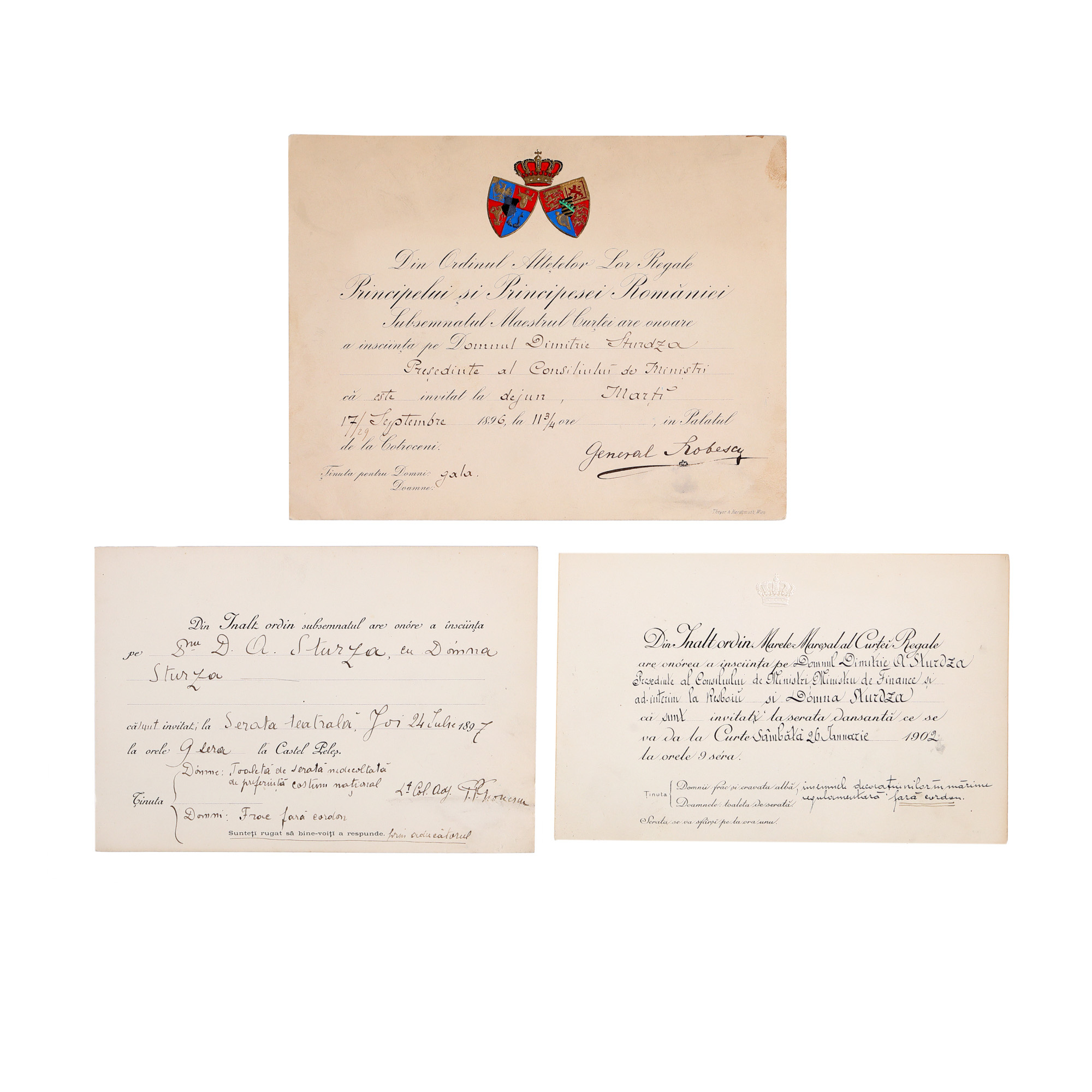 Lot format din trei invitații adresate lui Dimitrie A. Sturdza din partea Casei Regale a României, datate 1896, 1897 și 1902