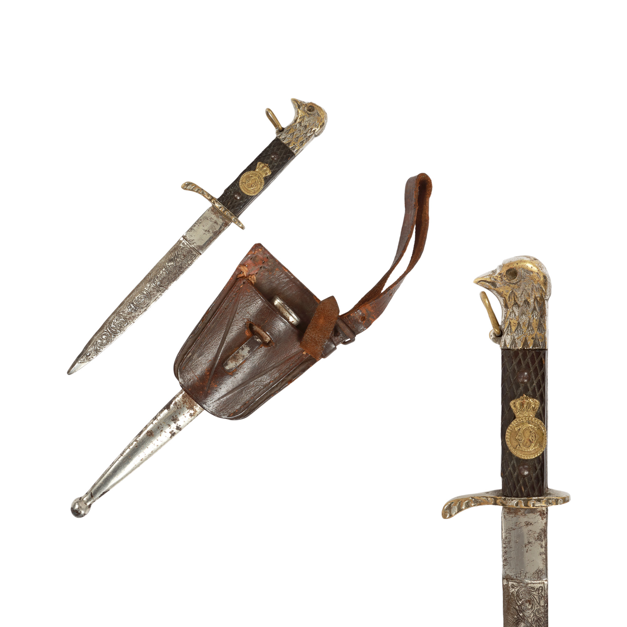 Charles II Stiletto, rare version with engraved blade, in original scabbard and leather harness, interwar period