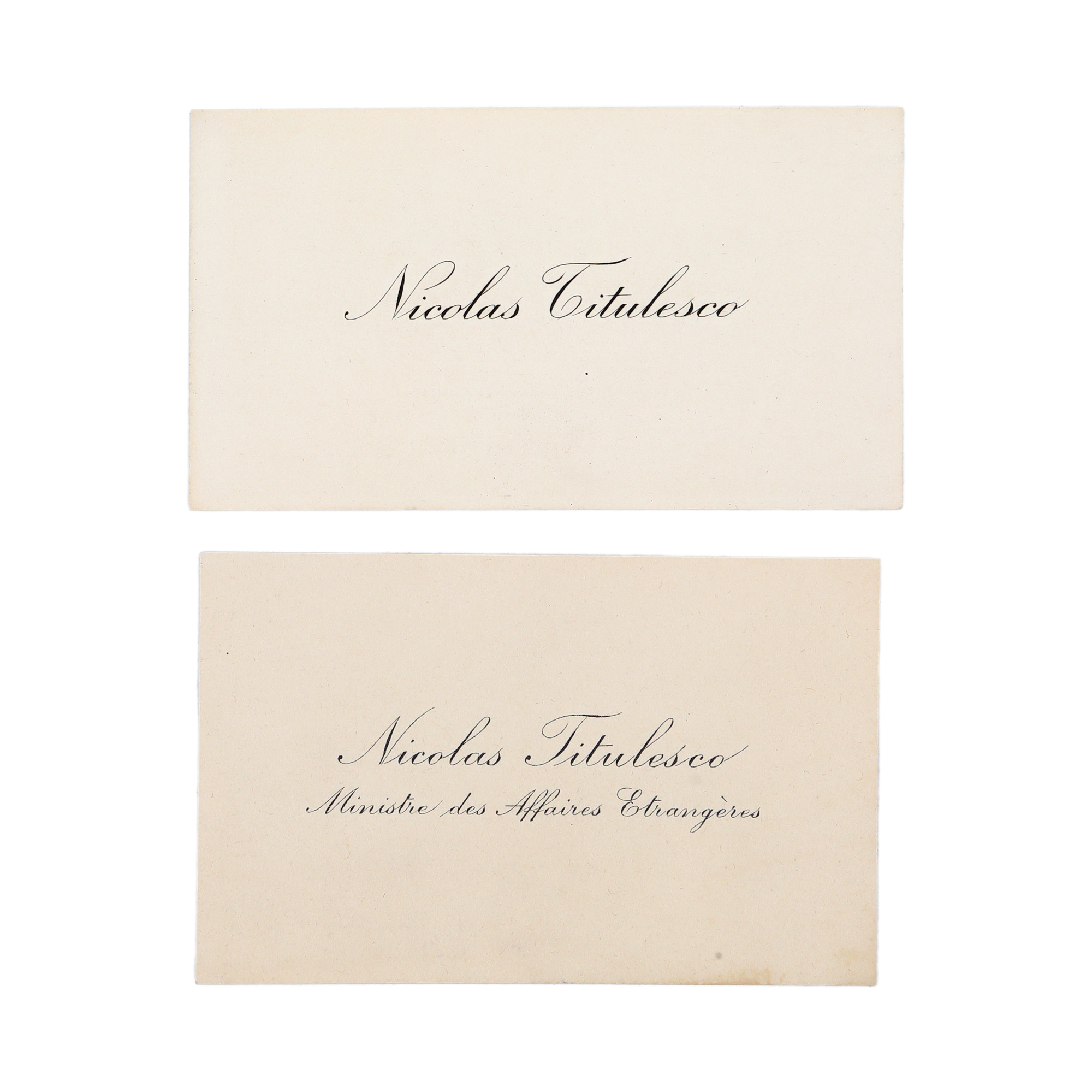 Lot consisting of two business cards of Nicolae Titulescu, one as Minister of Foreign Affairs