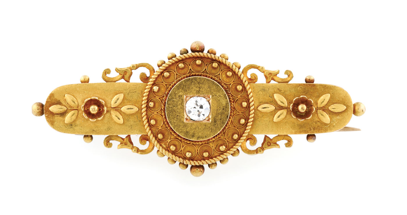 Broșă-pandant vintage, din aur, decorată central cu un diamant, cca. 1900