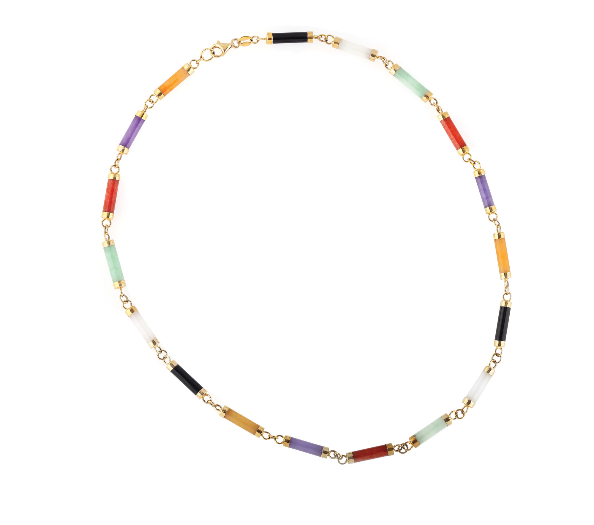 Gilded silver necklace, decorated with multi-coloured jadeites