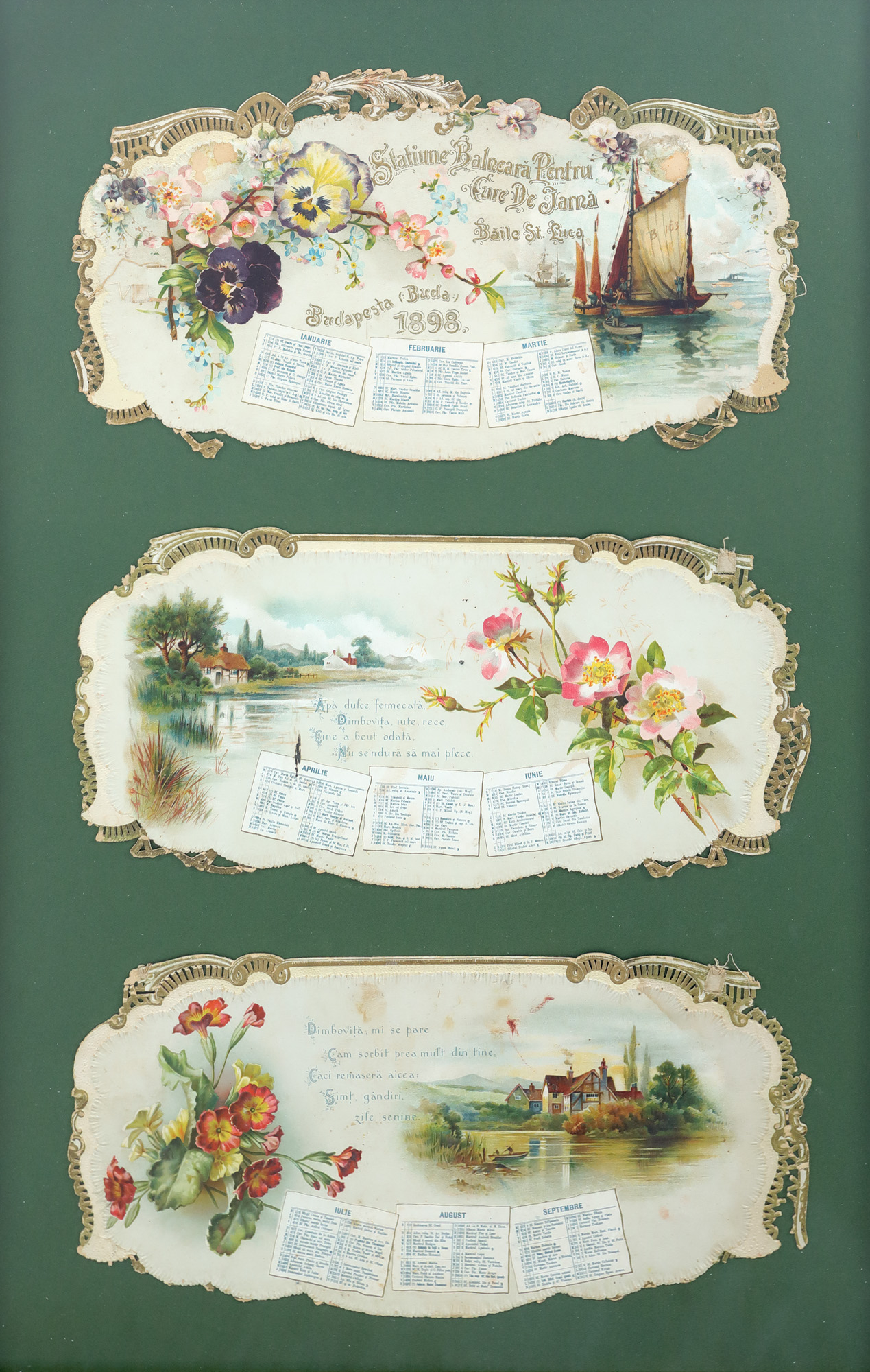 Calendar publicitar ”Băile St. Luca”, lunile ianuarie-septembrie 1898, Budapesta, tipărit pentru România, piesă de colecție
