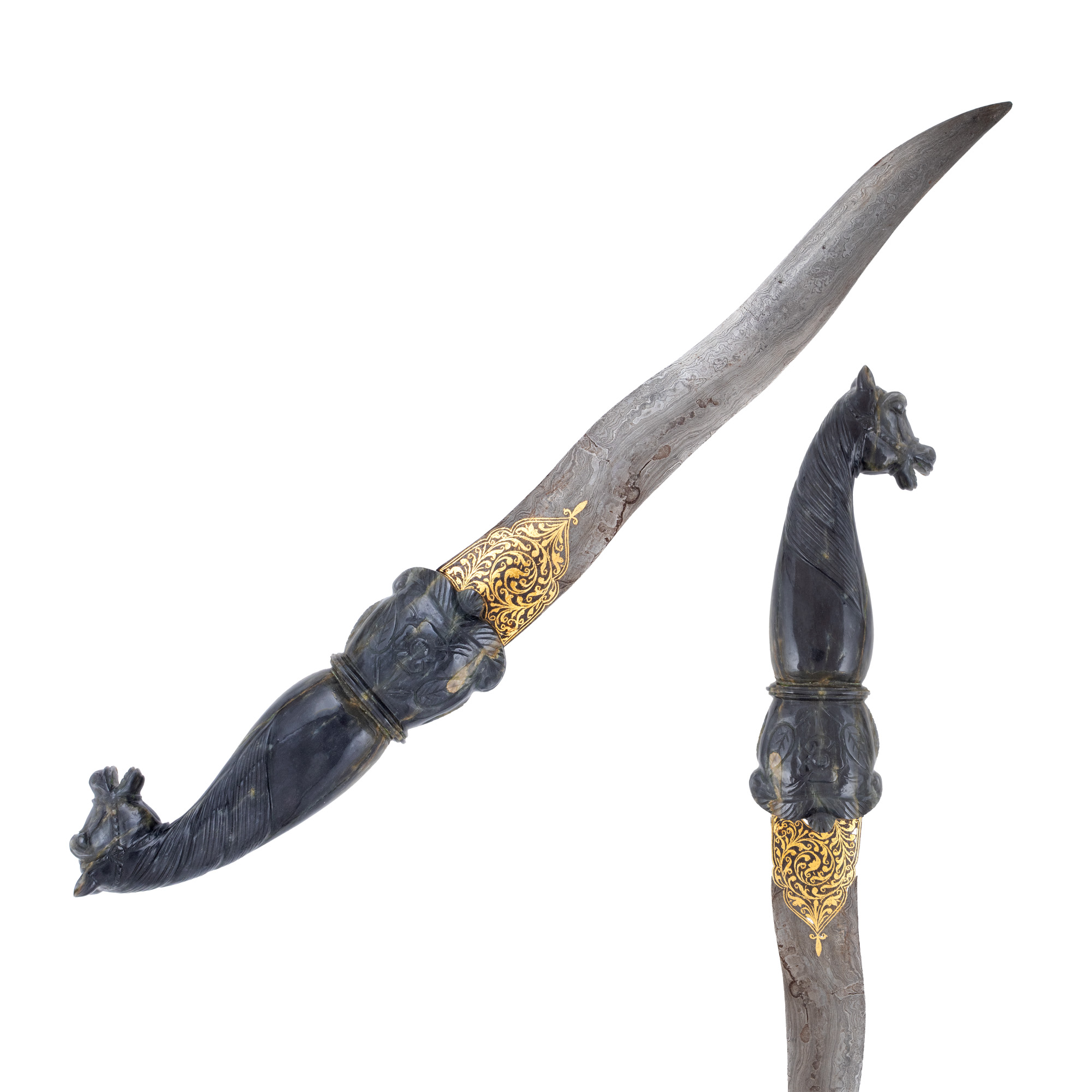 Khanjar Dagger, with jadeite handle and blade inlaid with gold, India, mid 20th century