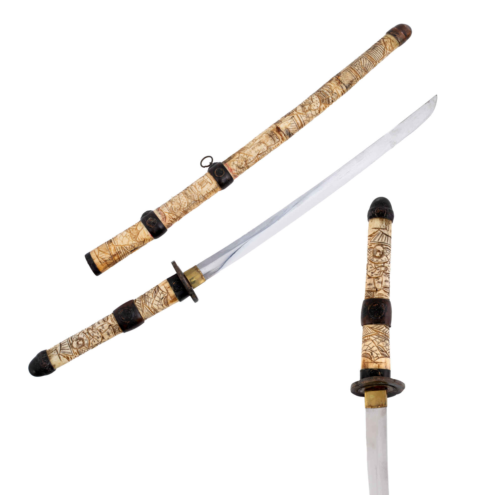 Wakizashi Sword, with scabbard and carved bone handle, half of the 20th century