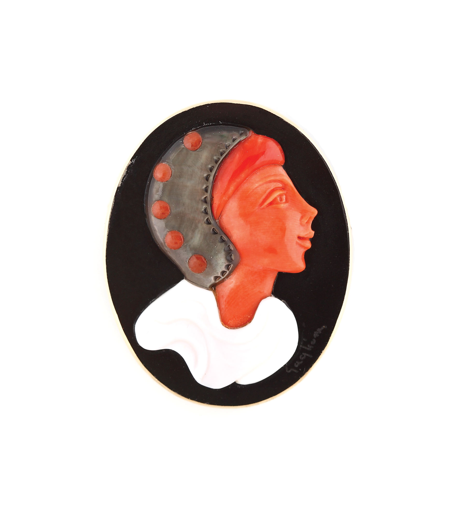 Art Deco gold pendant, ornate with mother-of-pearl and coral