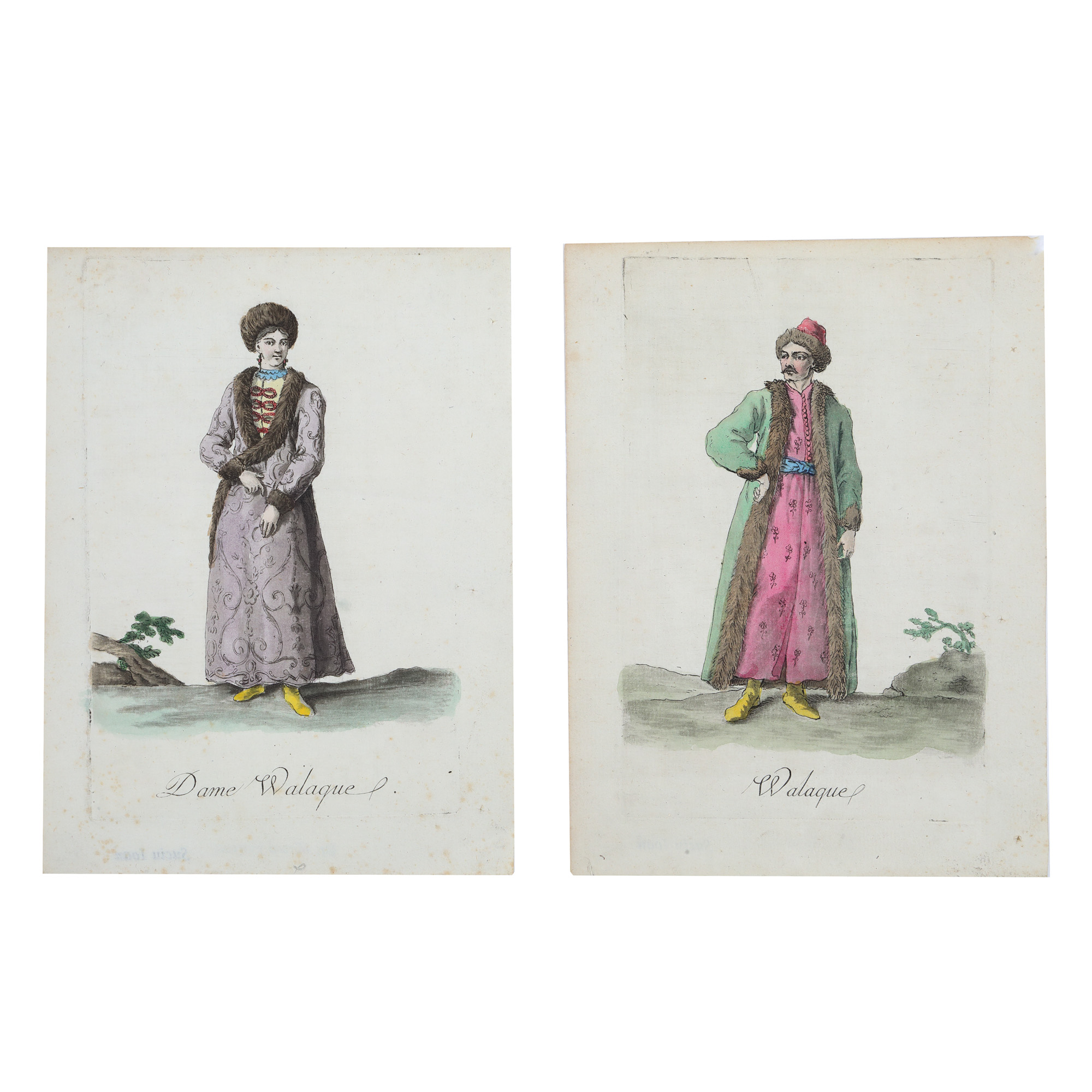 Pereche de gravuri ilustrând un boier și o boieroaică din Valahia, sfârșitul sec. XVIII - începutul sec. XIX