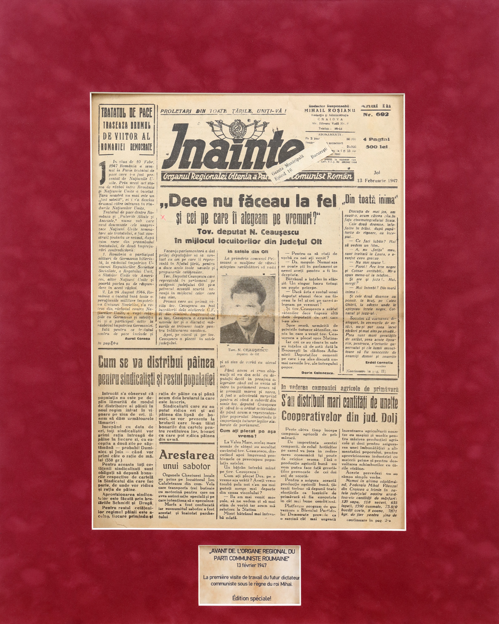 Ziarul "Înainte", publicația Regionalei Oltenia a PCR cu un articol de fond despre Nicolae Ceaușescu, 1947
