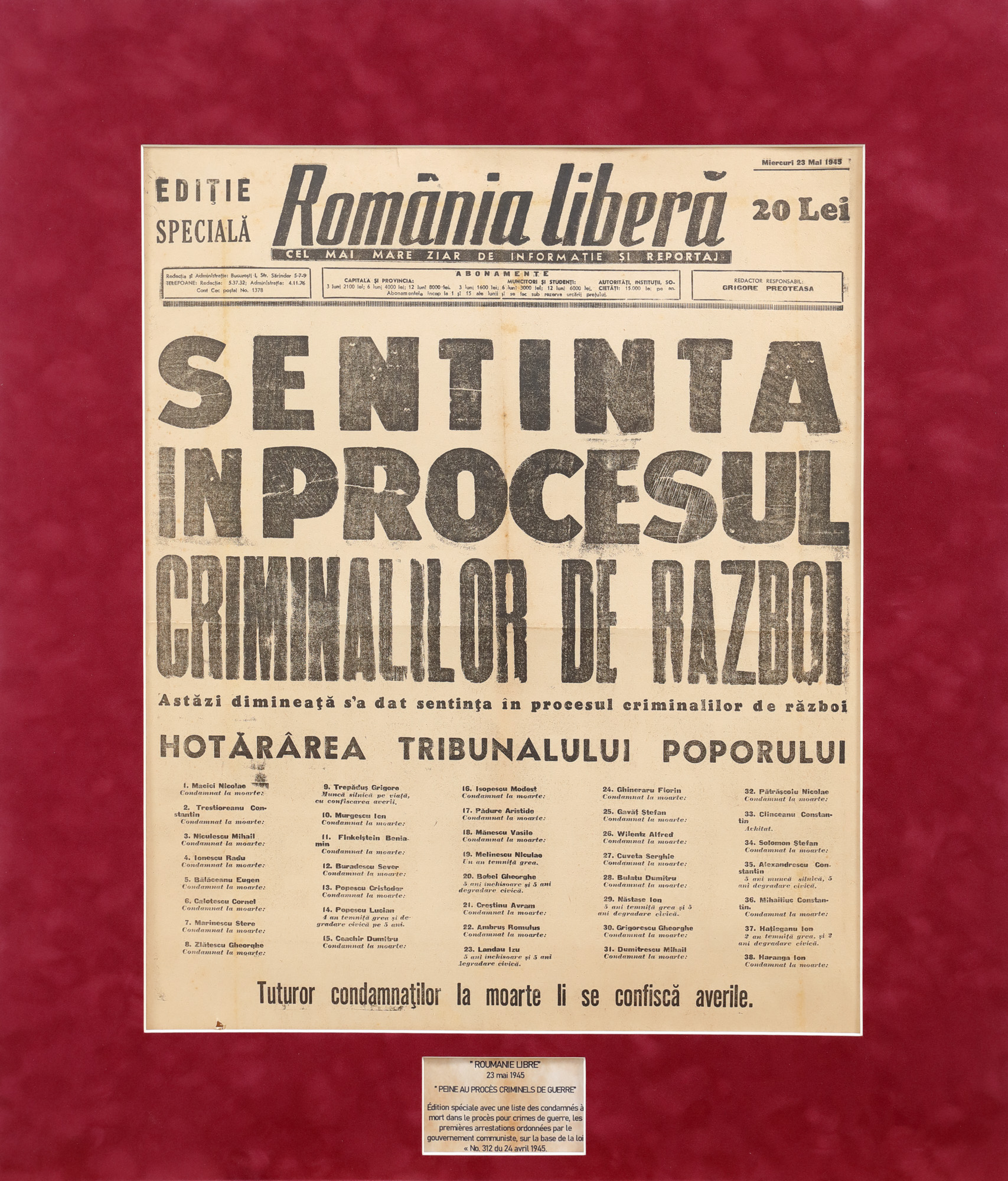 The publication "Free Romania", the sentence in the War Criminals Trial, May 23, 1945