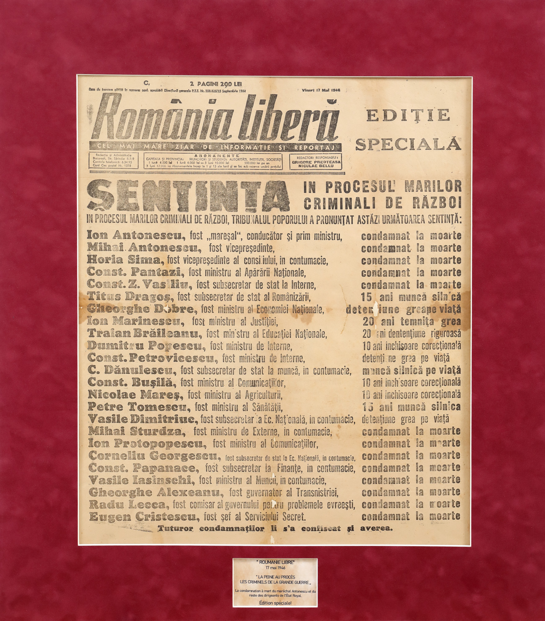 Publicația "România liberă", sentința în Procesul marilor criminali de război, 17 mai 1946