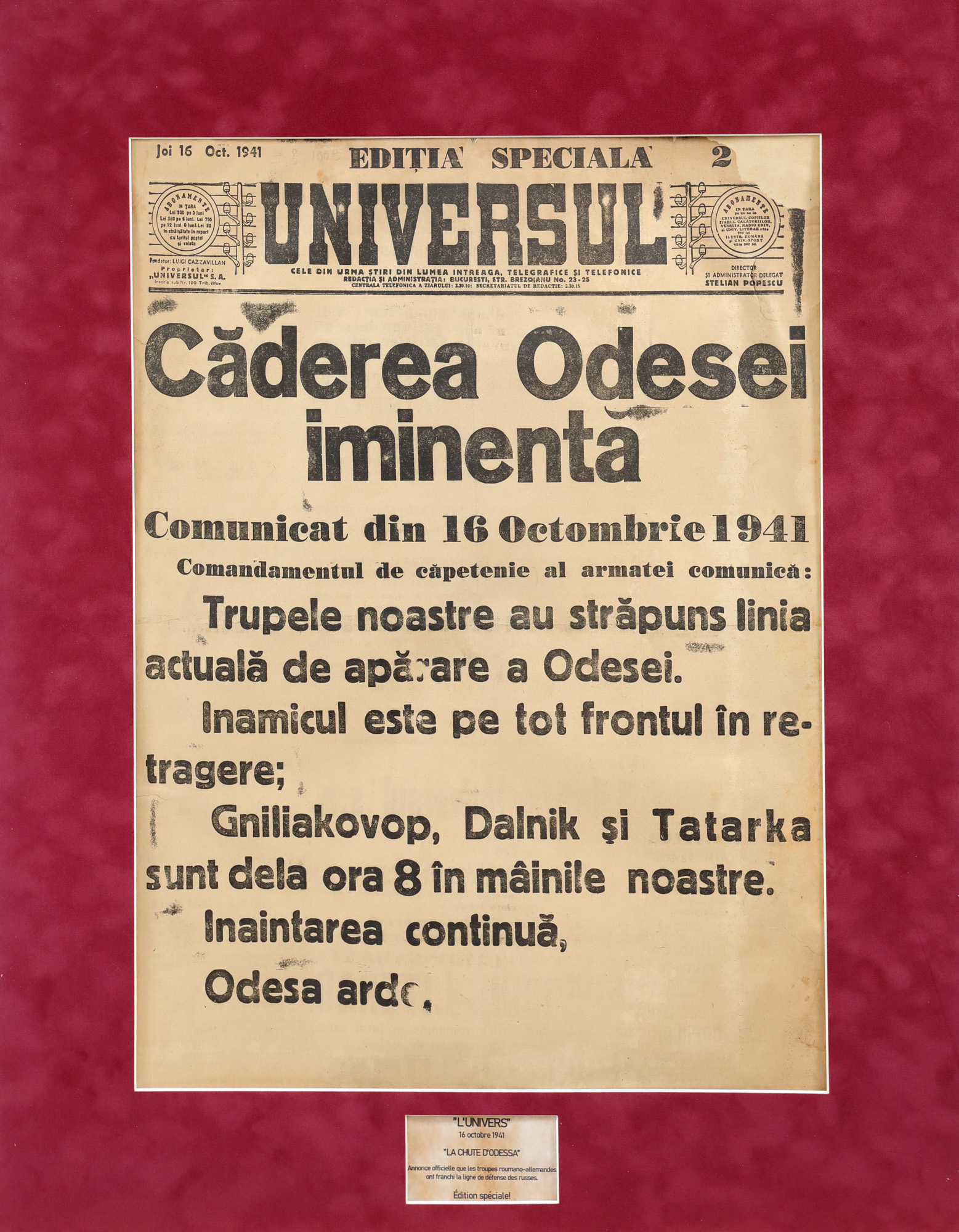 Publicația "Universul", Căderea Odessei iminentă, 1941