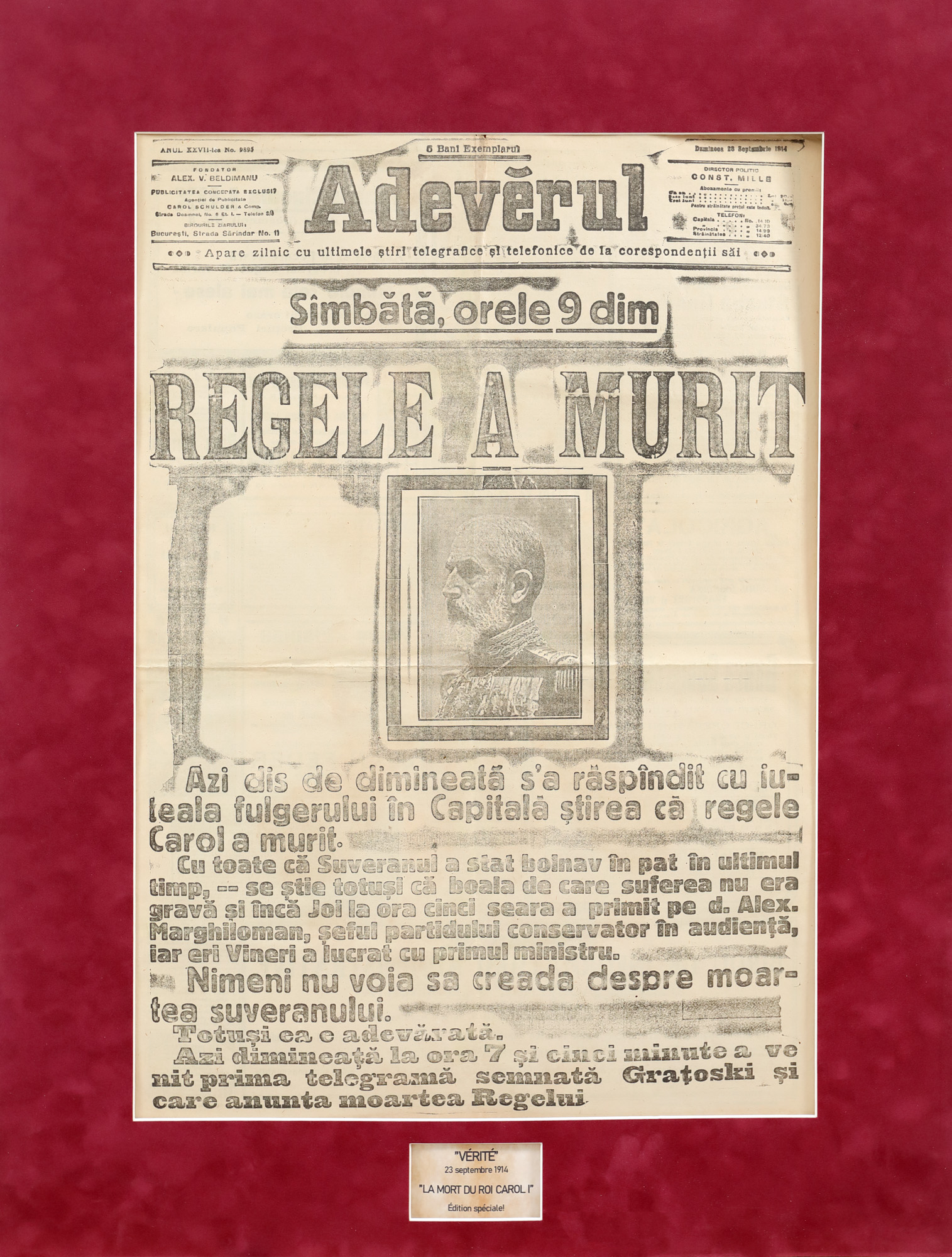 Publicația "Adevărul", Moartea Regelui Carol I, 1914