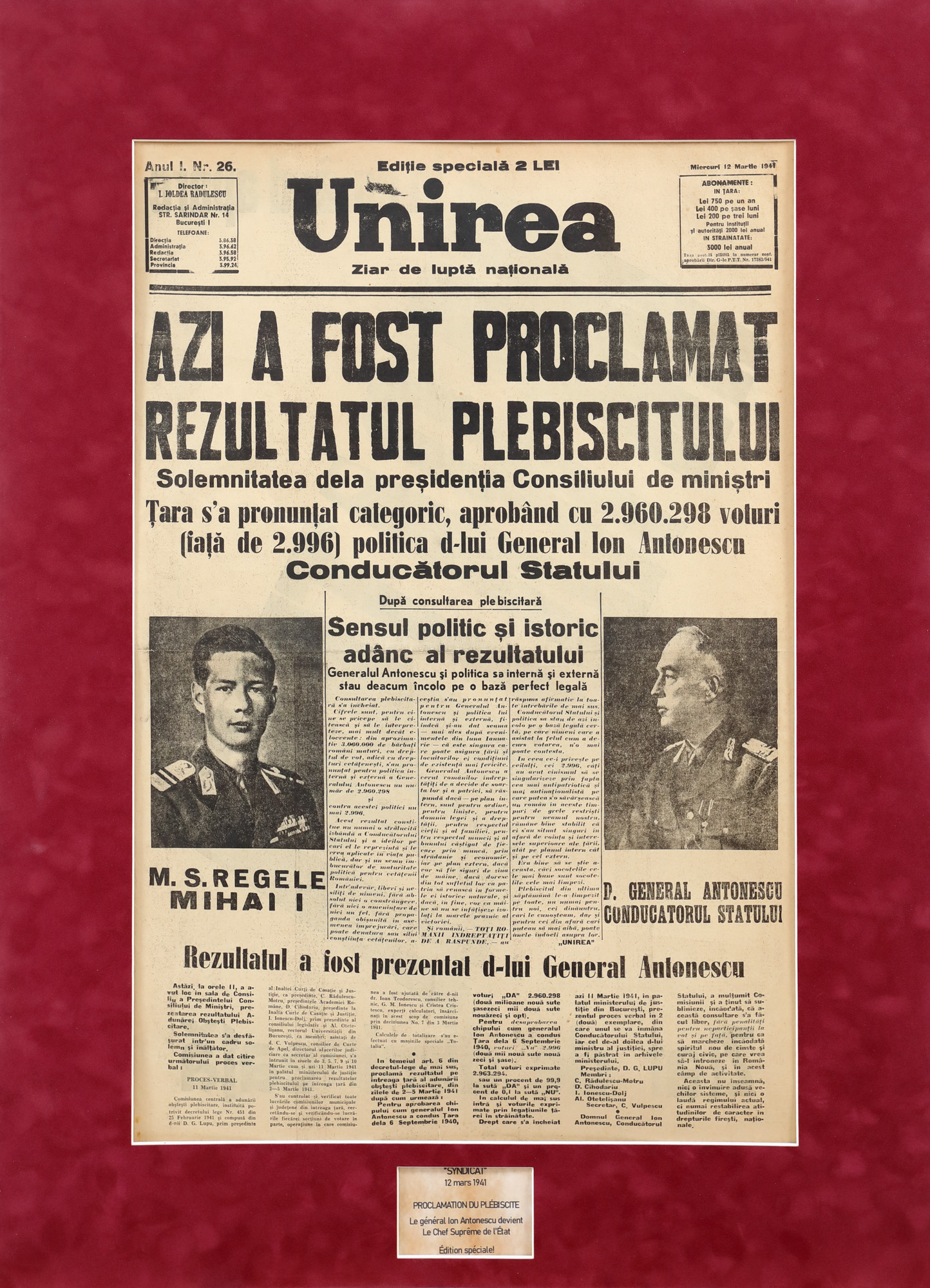 Publicația "Unirea", Rezultatele plebiscitului referitor la politica guvernului condus de generalul Ion Antonescu, 1941