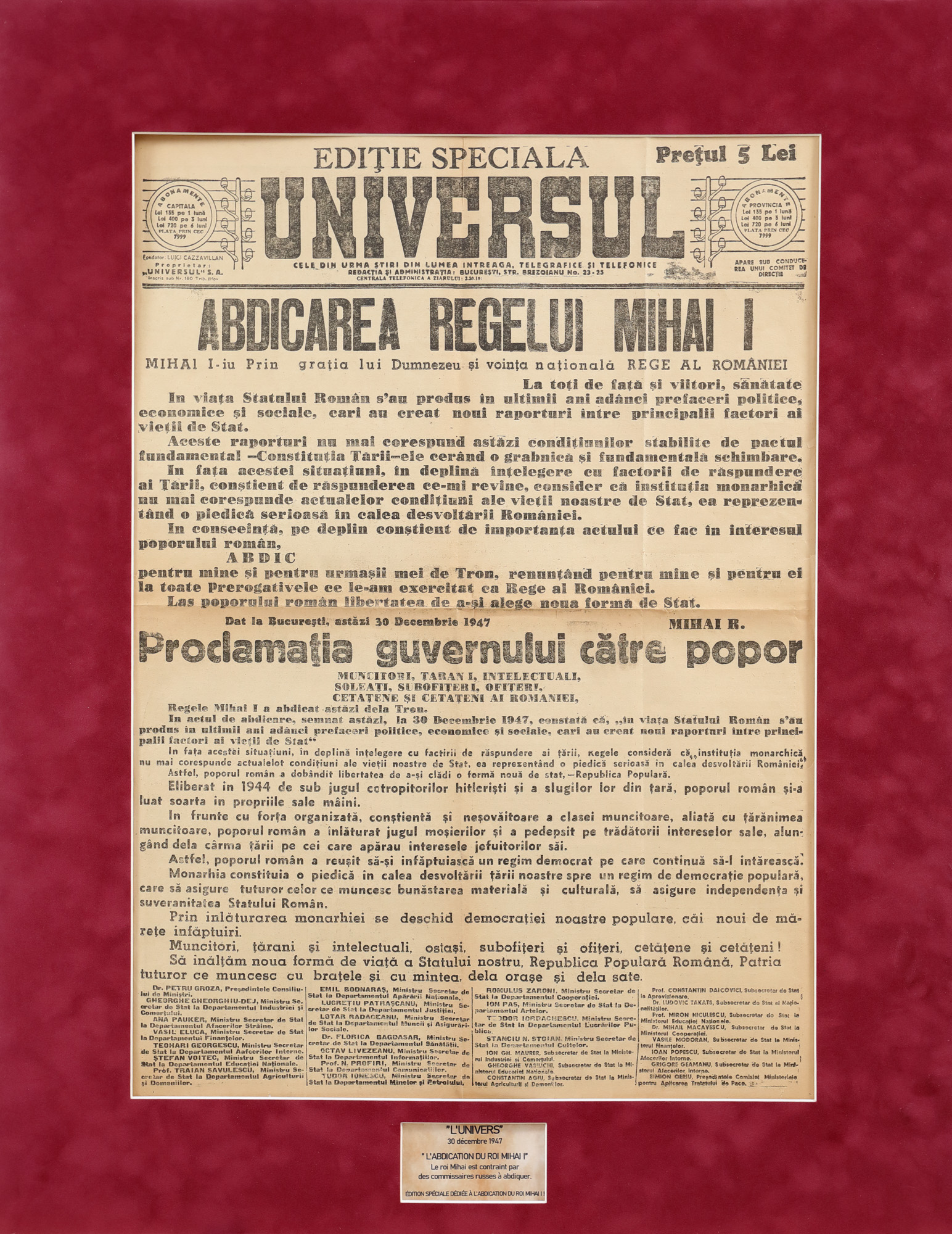 The Publication "Universul", Abdication of King Mihai I, 1947