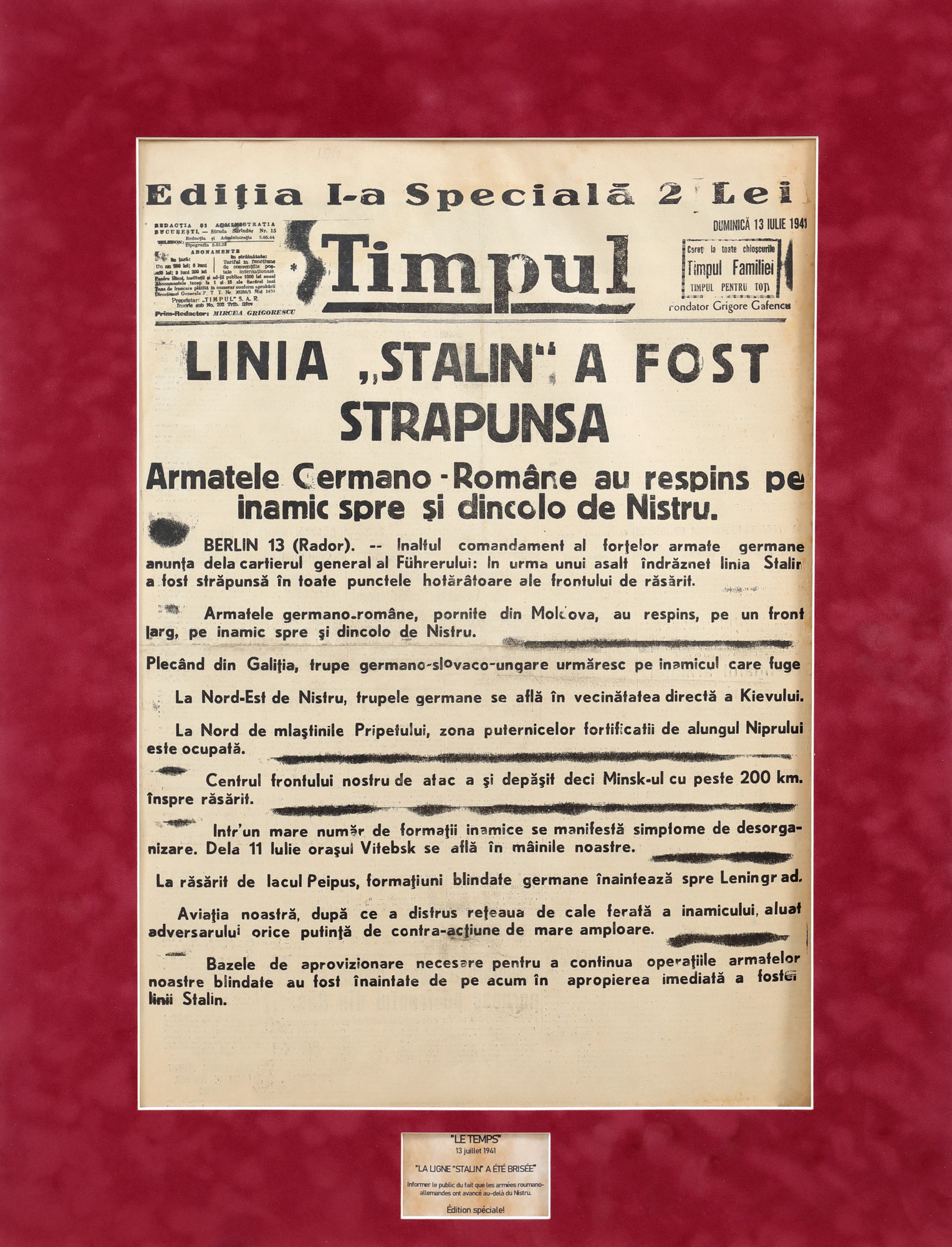The Publication "Time", The Breaching of the "Stalin" Fortified Line at Nistru, 1941