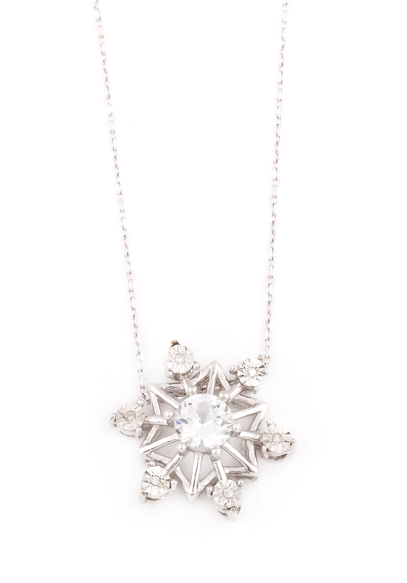 Chain with silver and white gold snowflake pendant, decorated with diamonds and white sapphire