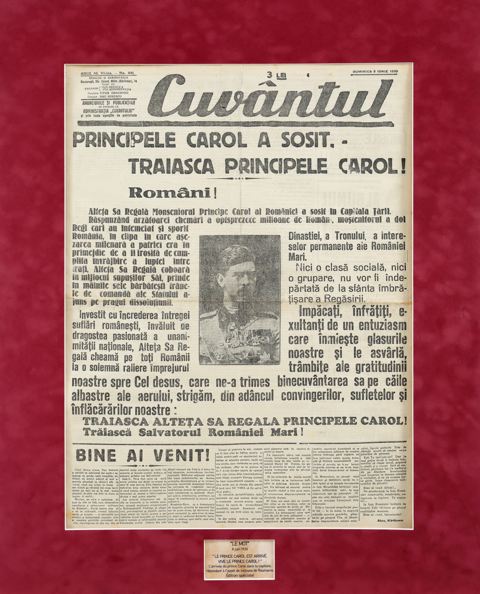 Publicația "Cuvântul", Venirea principelui Carol al II-lea în țară, 1930