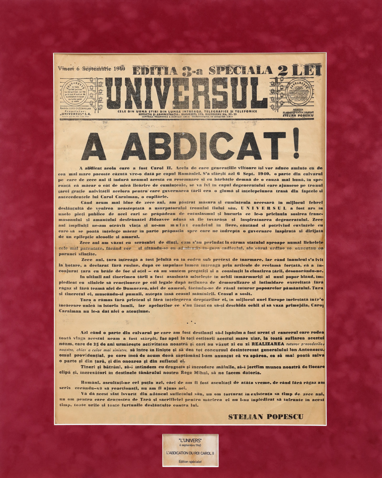 Publicația "Universul", Abdicarea regelui Carol al II-lea, 1940