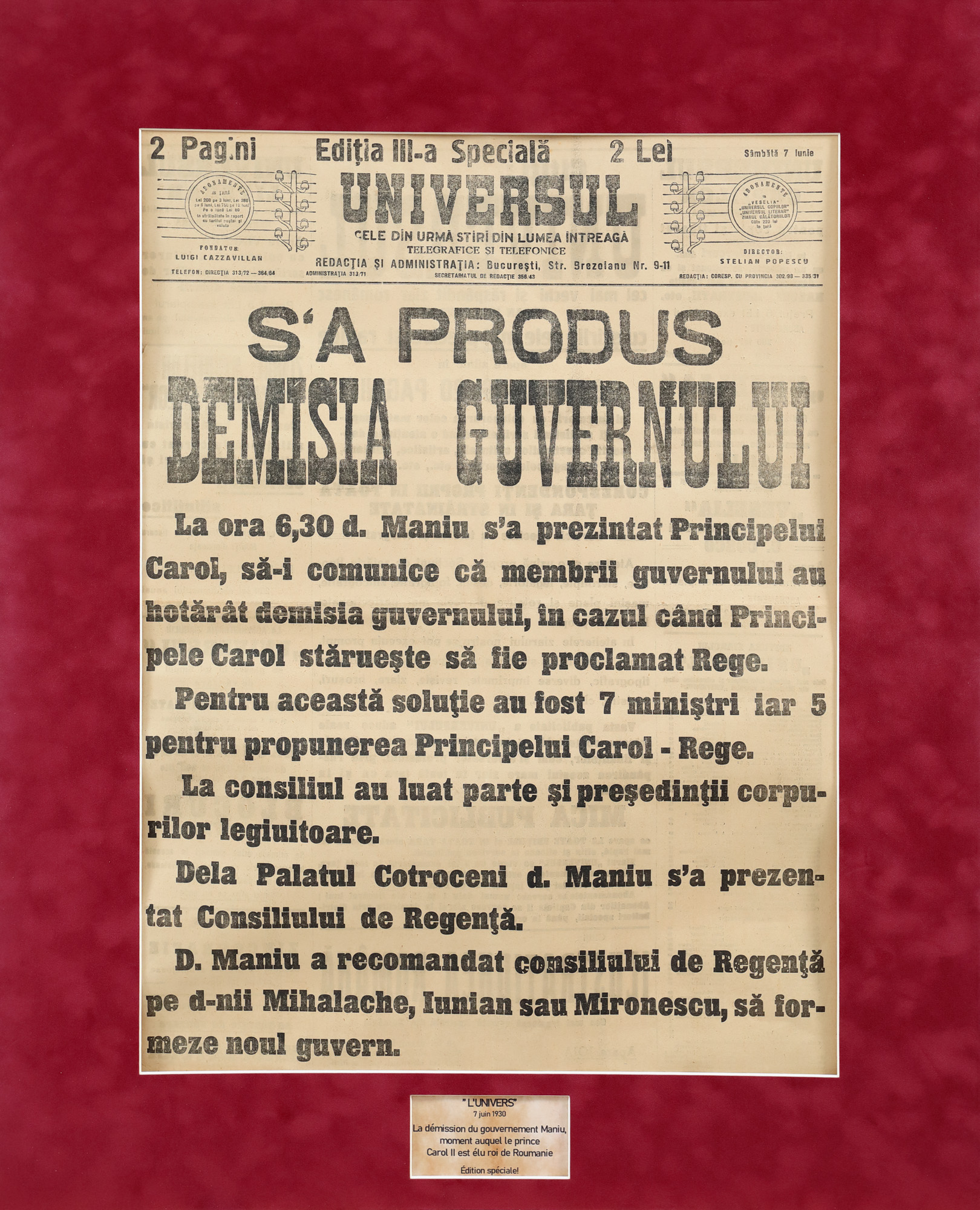 Publicația "Universul", Demisia guvernului condus de Iuliu Maniu, 1930