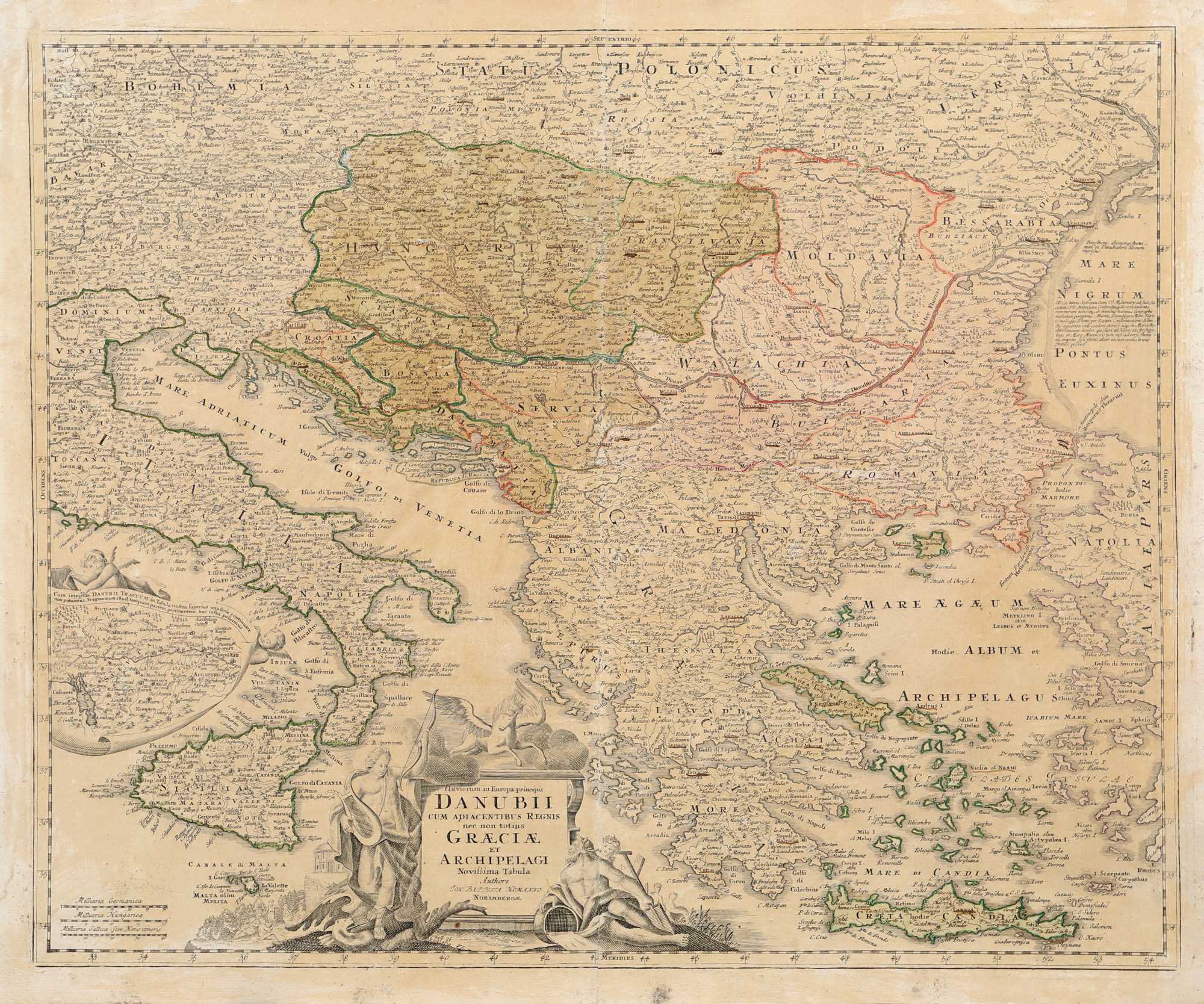 Hartă "Cursul Dunării și arhipelagul grecesc", de Johann Baptist Homann, Nüremberg, cca. 1720