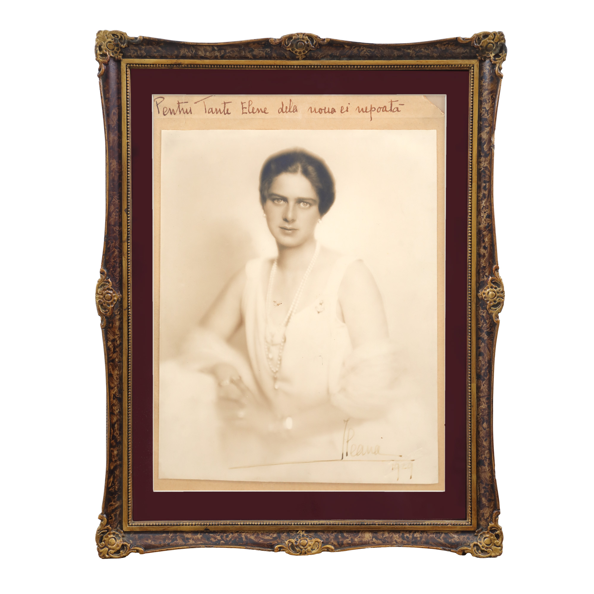 Photograph depicting Ileana, Princess of Romania, with her handwritten signature and dedication, Julietta studio, Bucharest, 1929