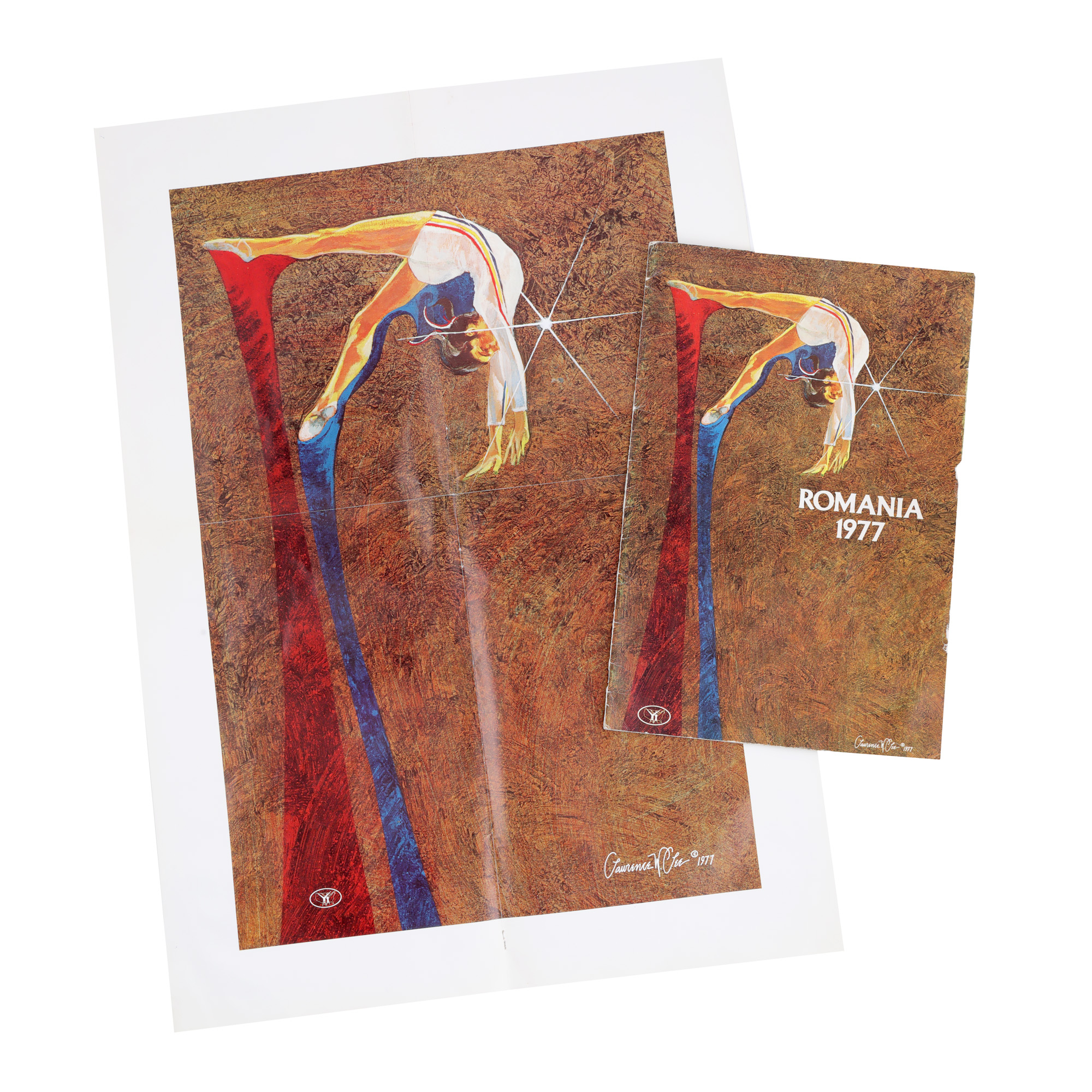 Lot Nadia, Afiș publicitar semnat Lawrence W. Lee și revistă "Romania 1977", ambele realizate de Federația de Gimnastică a SUA, 1977 