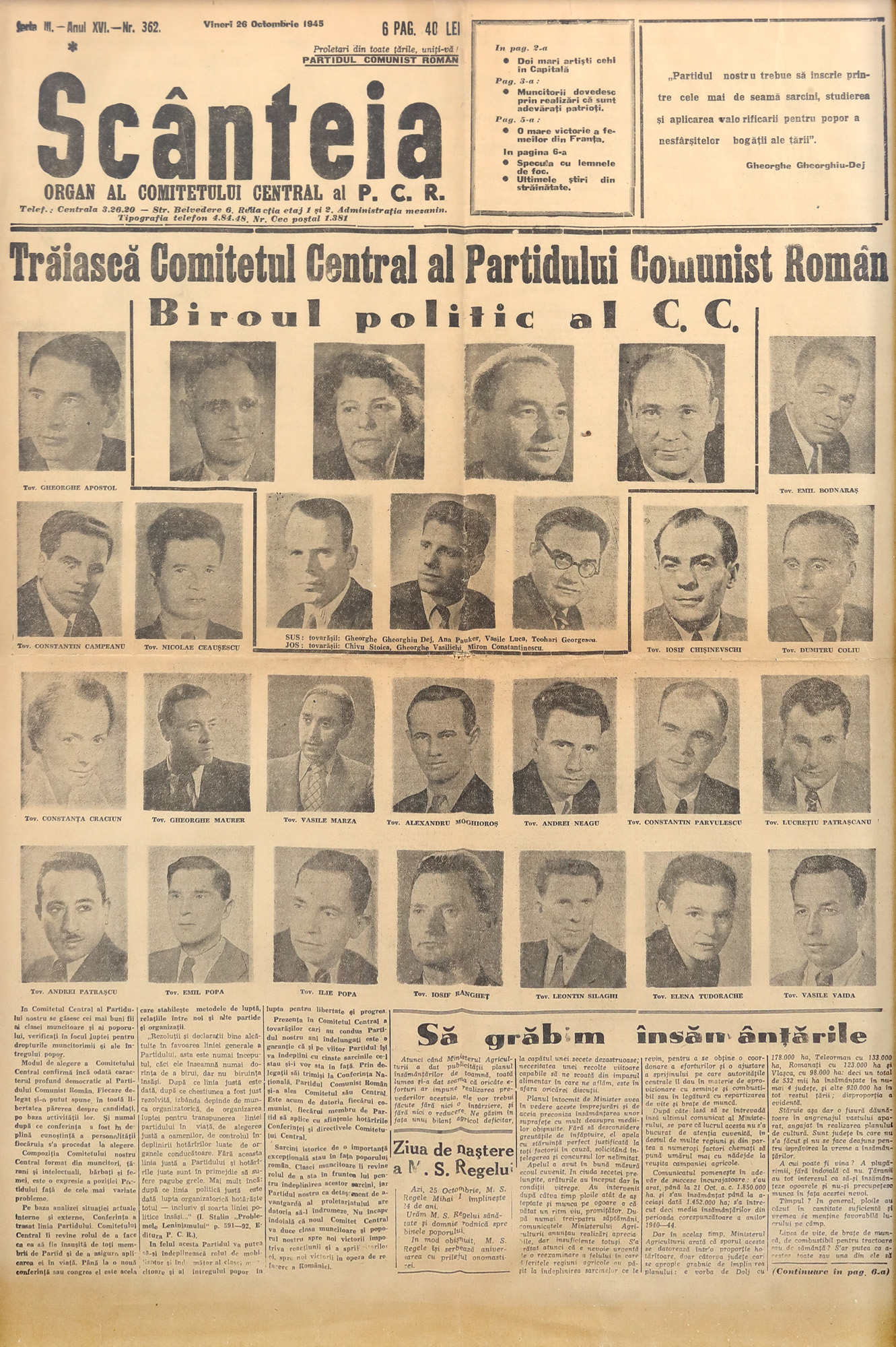 Ziarul ”Scânteia”,  Biroul Politic al primului Comitet Central al PCR, care îl includea și pe Nicolae Ceaușescu,  26 octombrie 1945