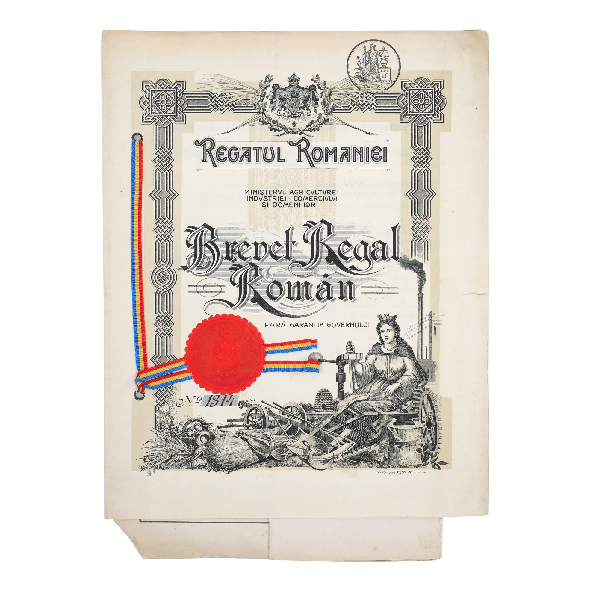 Dosarul unui brevet regal de invenție acordat de Ministerul Agriculturii, Industriei și Domeniilor, 1909