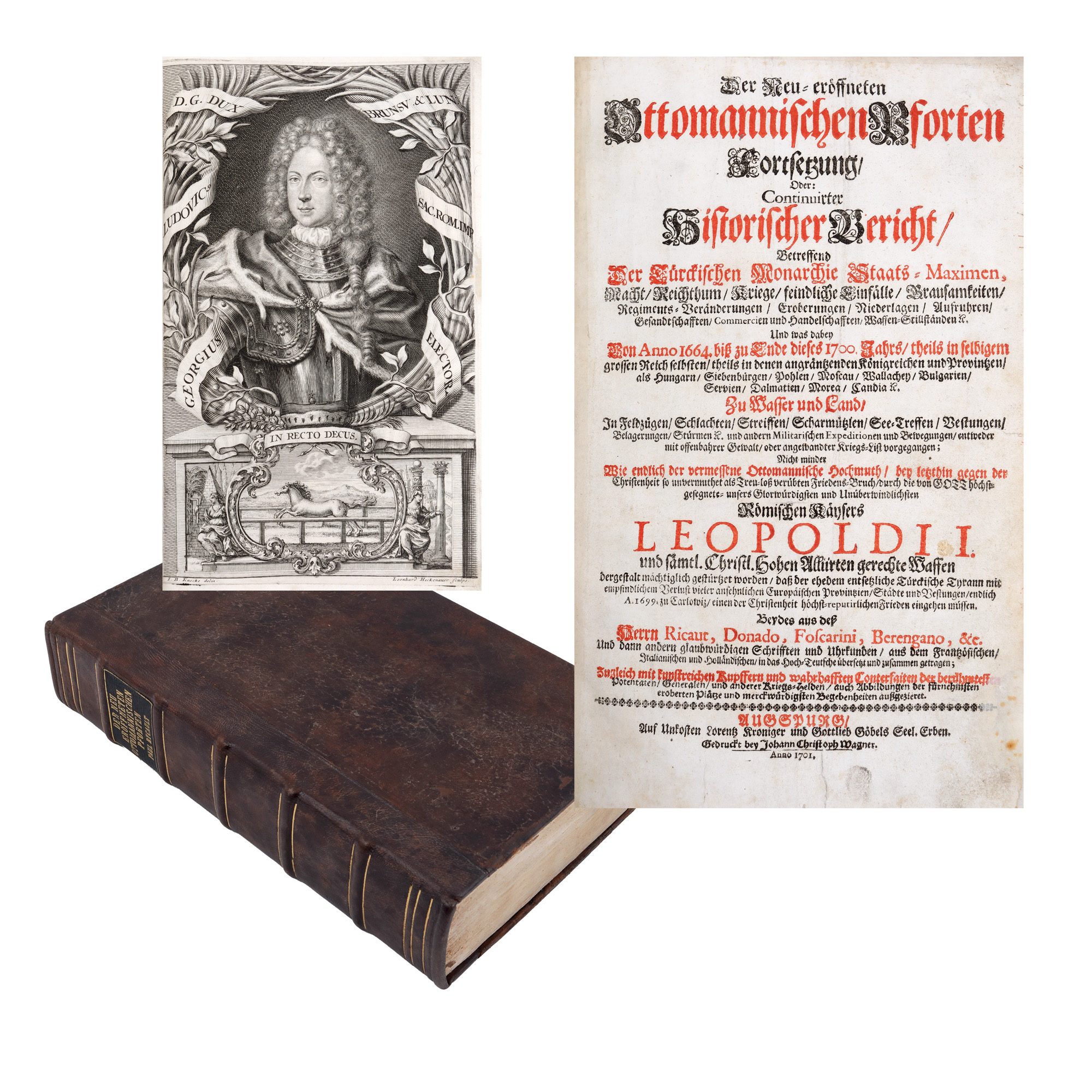”Călătorie la Poarta Otomană (Die Neu-eröffnete Ottomanische Pforte, Bestehend: Erstlic)”, de Paul Rycaut și Giovanni Sagredo, Augsburg, 1701, cu 191 de gravuri dintre care 21 în plină pagină