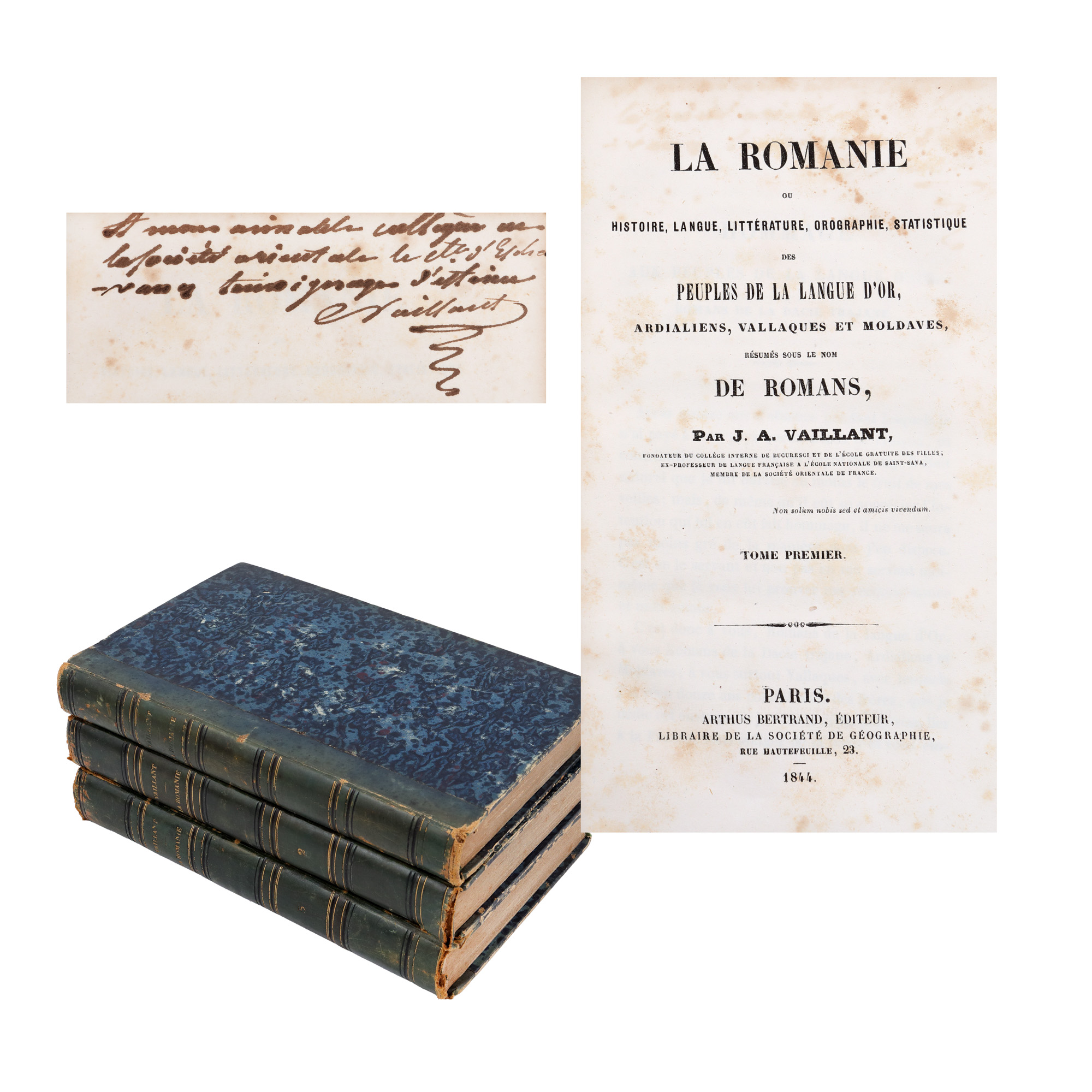 "La Romanie", by J.V. Vaillant, French, three volumes, Paris, 1844, with a handwritten dedication by the author