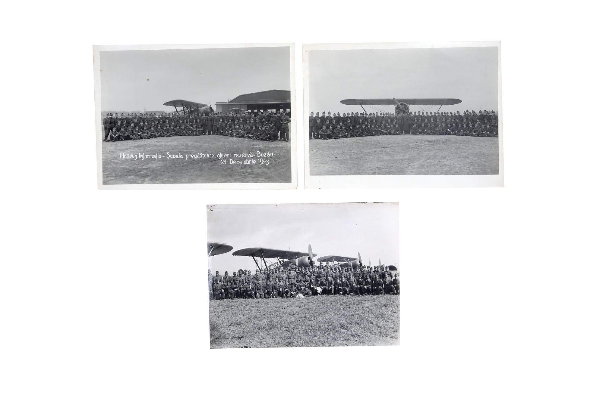 Lot format din trei fotografii, ilustrând ”Flotila 3 informație”, Buzău și Piestany (astăzi în Slovacia), 1943 și 1945