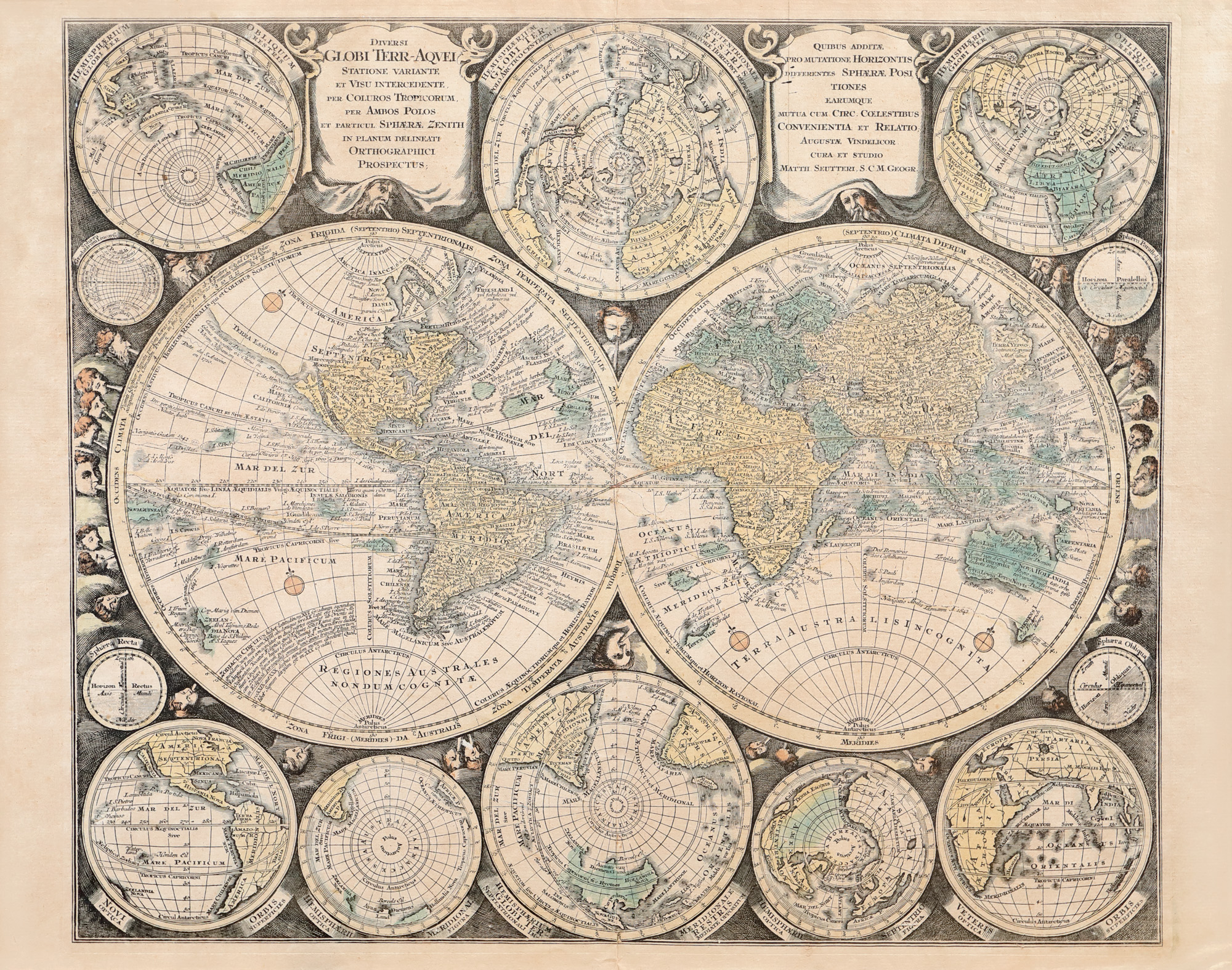 World Map (planiglobe) by Matthaus Seutter, Augsberg, circa 1741