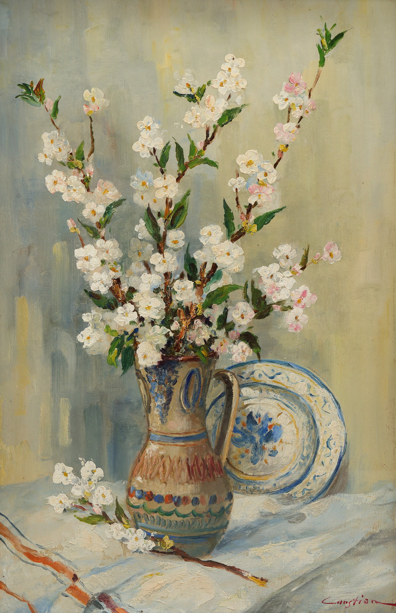 Still Life with Apple Blossoms and Folk Pottery