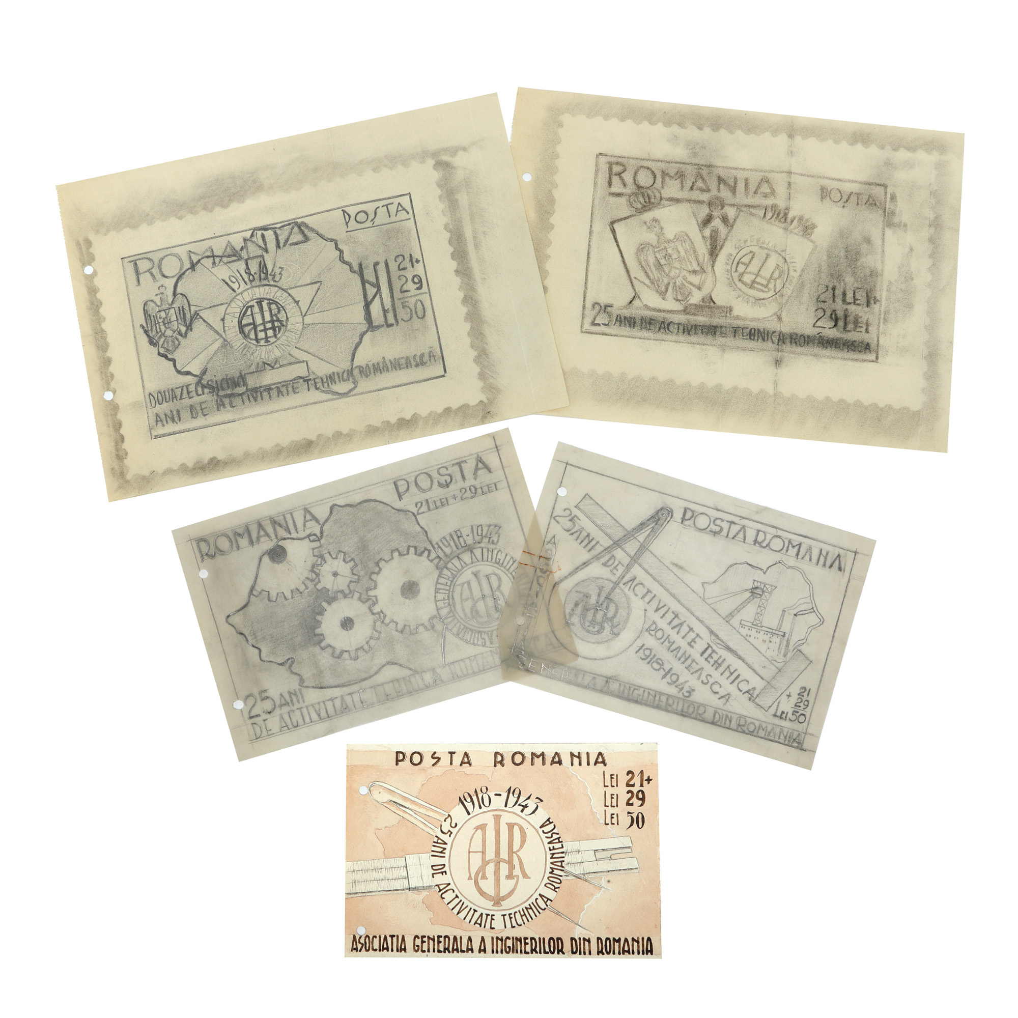 Lot consisting of 5 stamp models, different philatelic issues dedicated to the activity of engineers in Romania, 1943, collection pieces