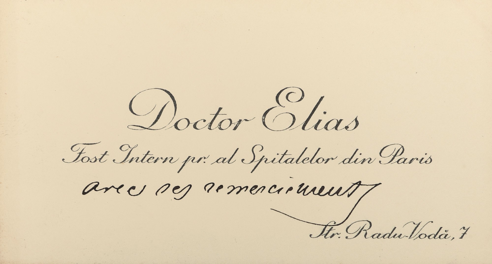 Carte de vizită a doctorului Jacques Elias, cu o însemnare olografă