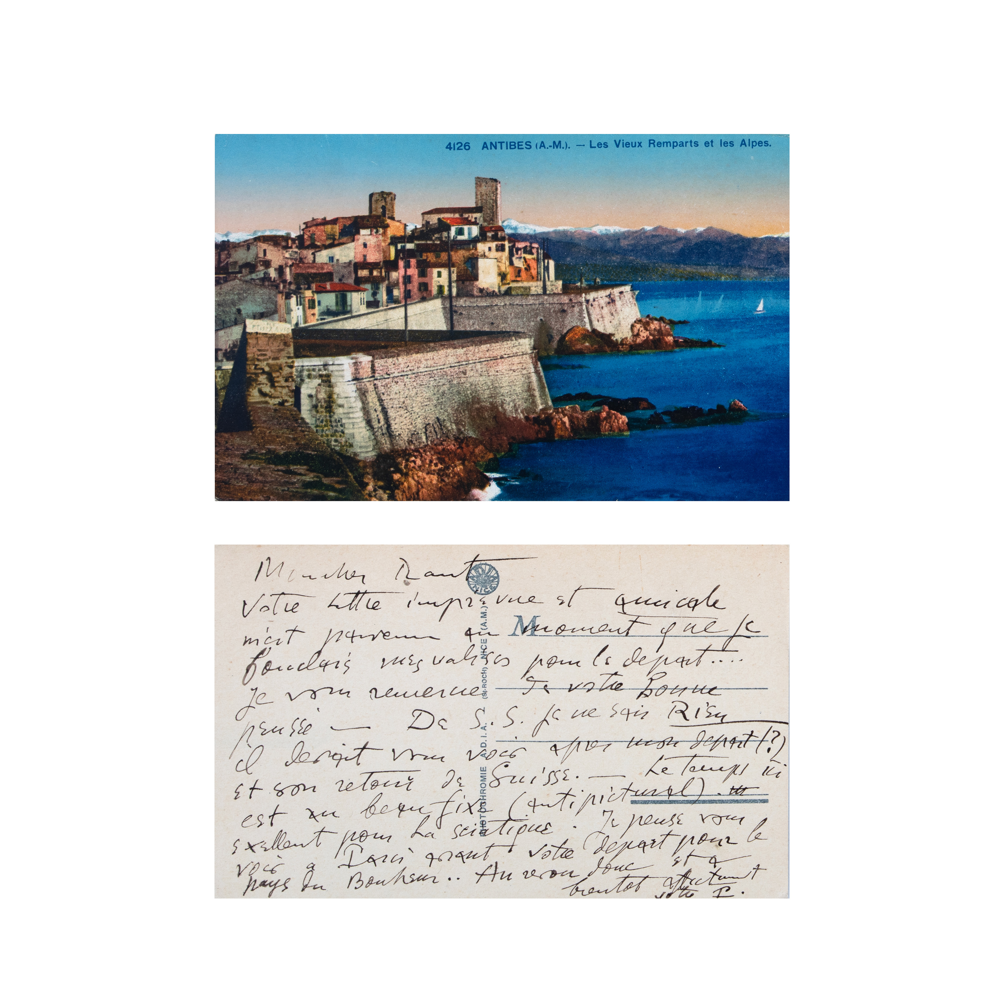 Postcard sent by Theodor Pallady to George Răut, from the trip to Antibes
