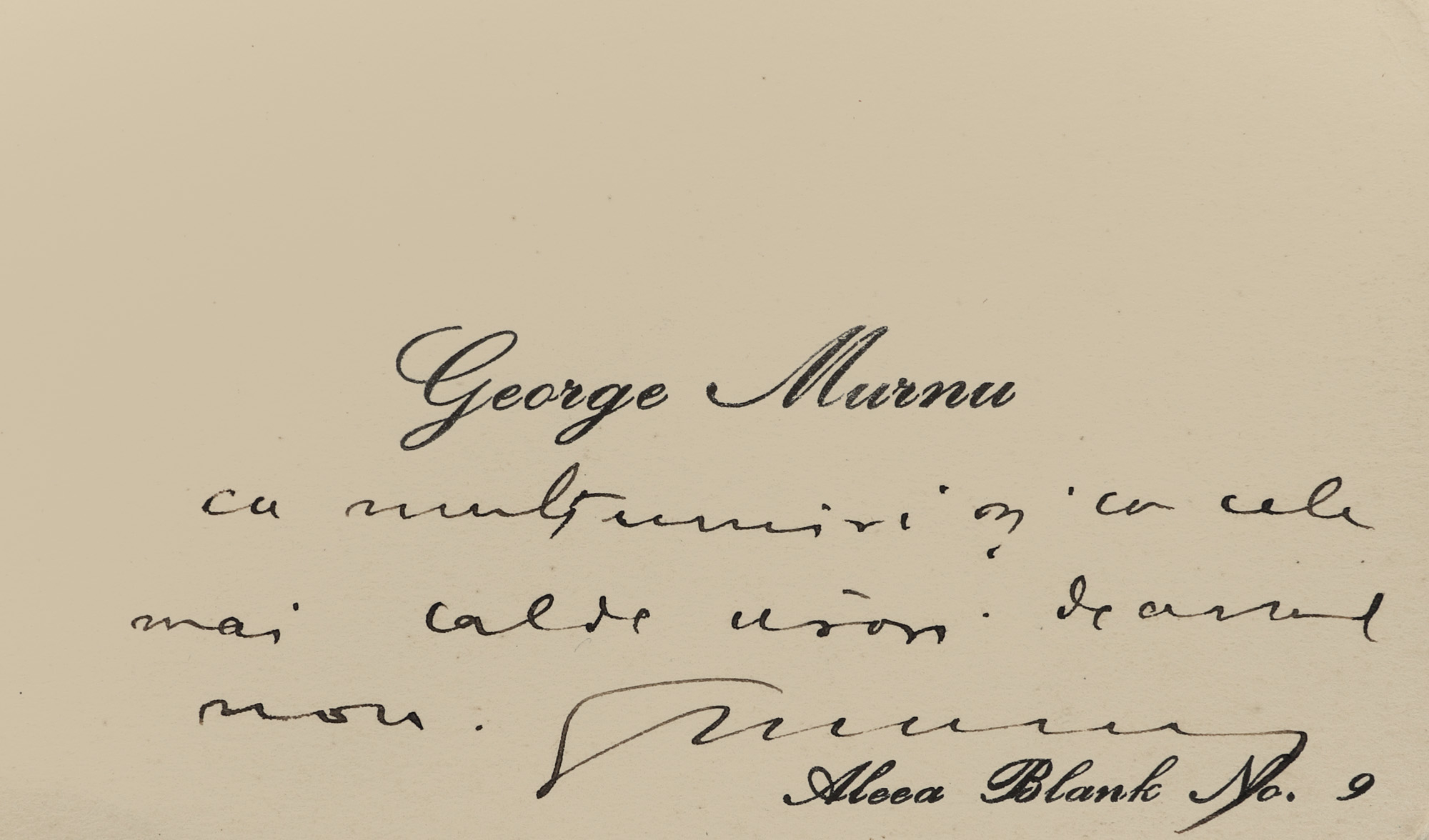 Carte de vizită a scriitorului George Murnu, cu o însemnare și semnătura olografă